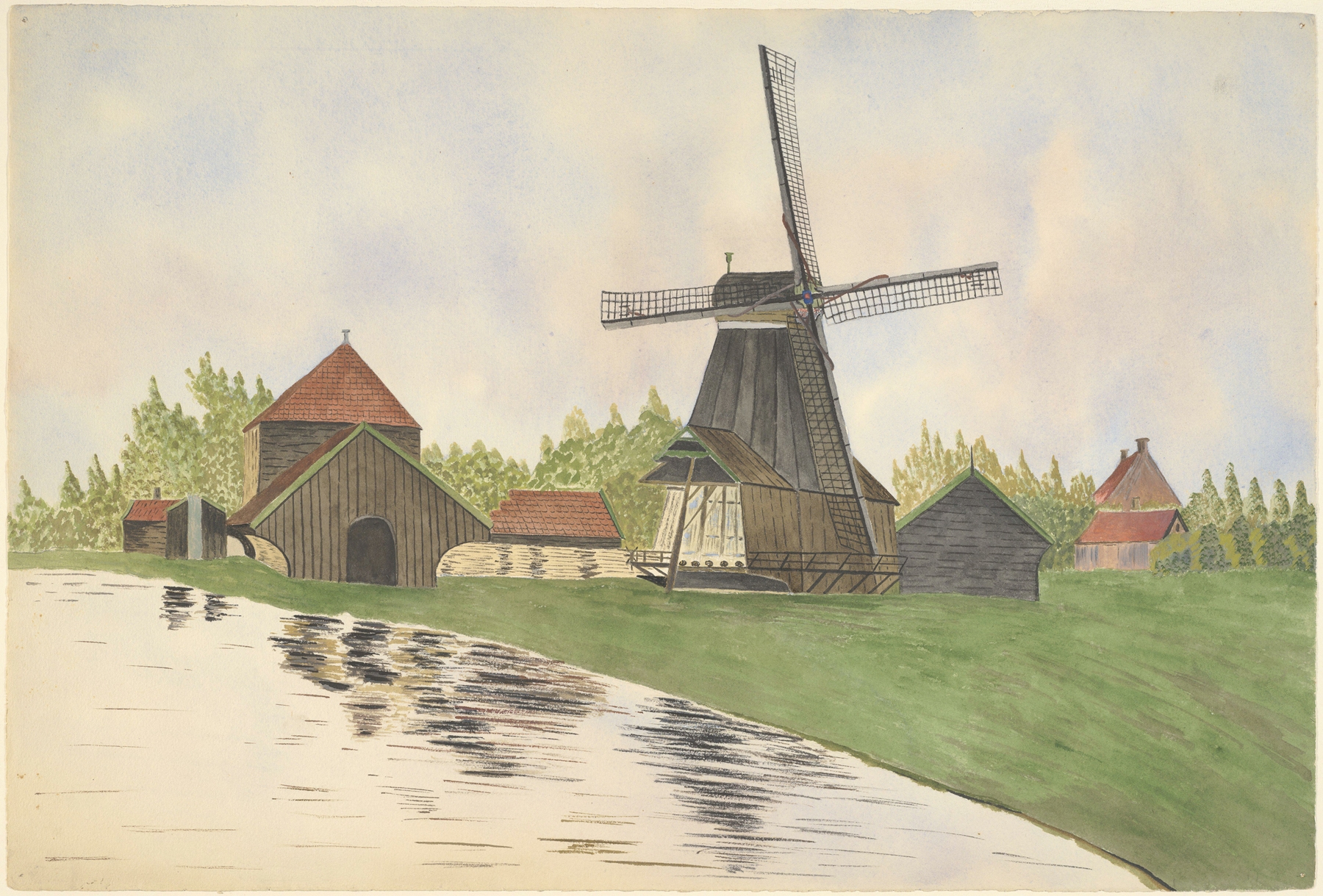 Architecture featuring a windmill by Johannes Nicolaas Eijman, oil painting