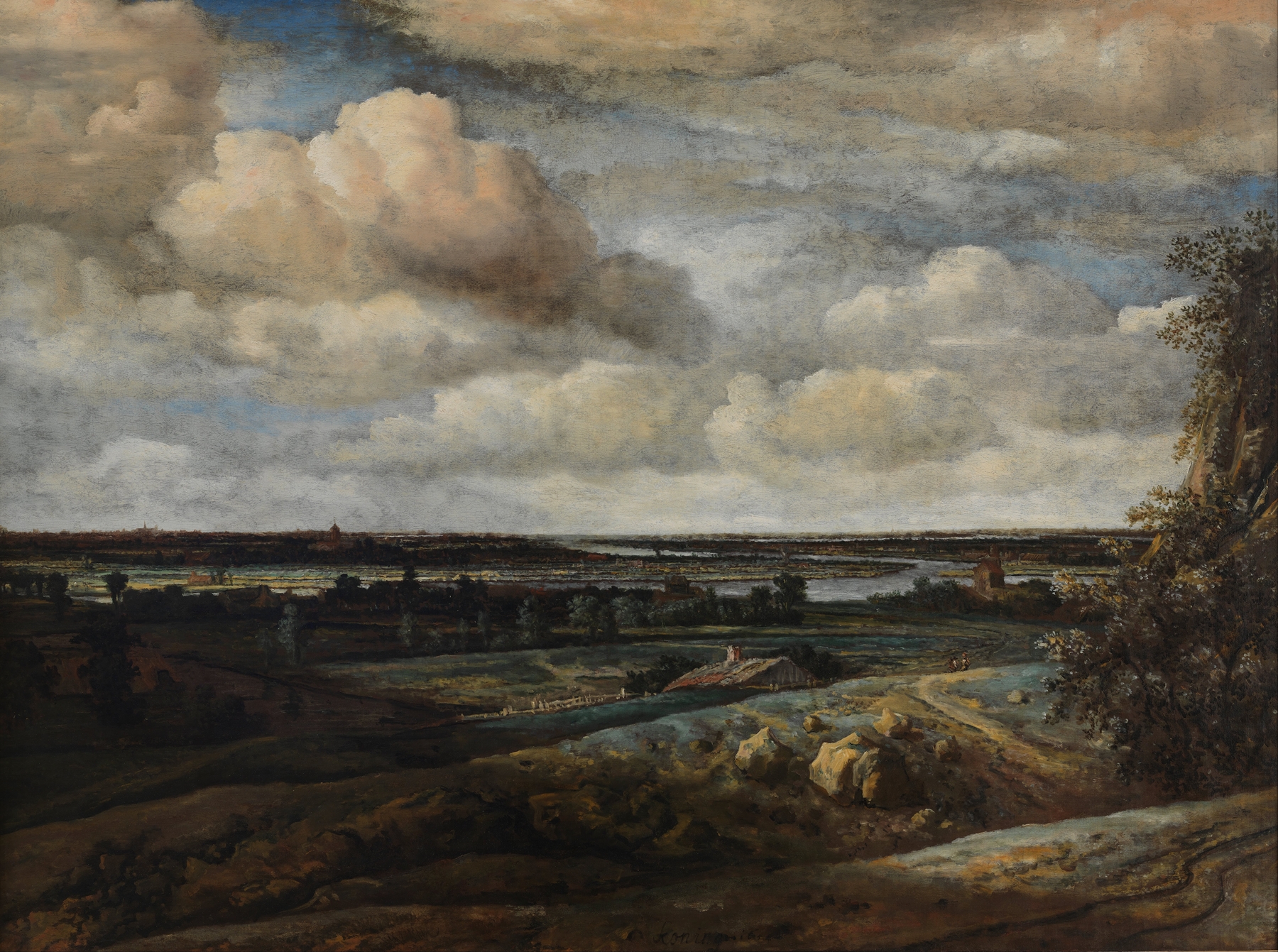 Dutch Golden Age oil painting by Philips Koninck depicting a serene landscape with Haarlem in the distance.