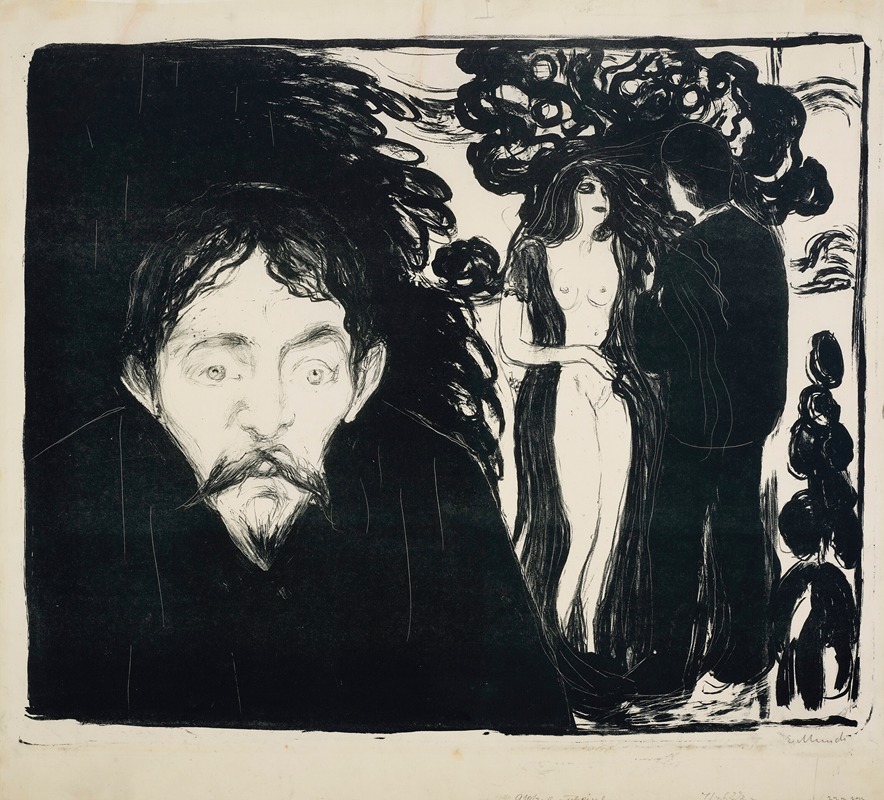 Edvard Munch's 'Eifersucht II' explores themes of jealousy through expressive figures and vivid colors.