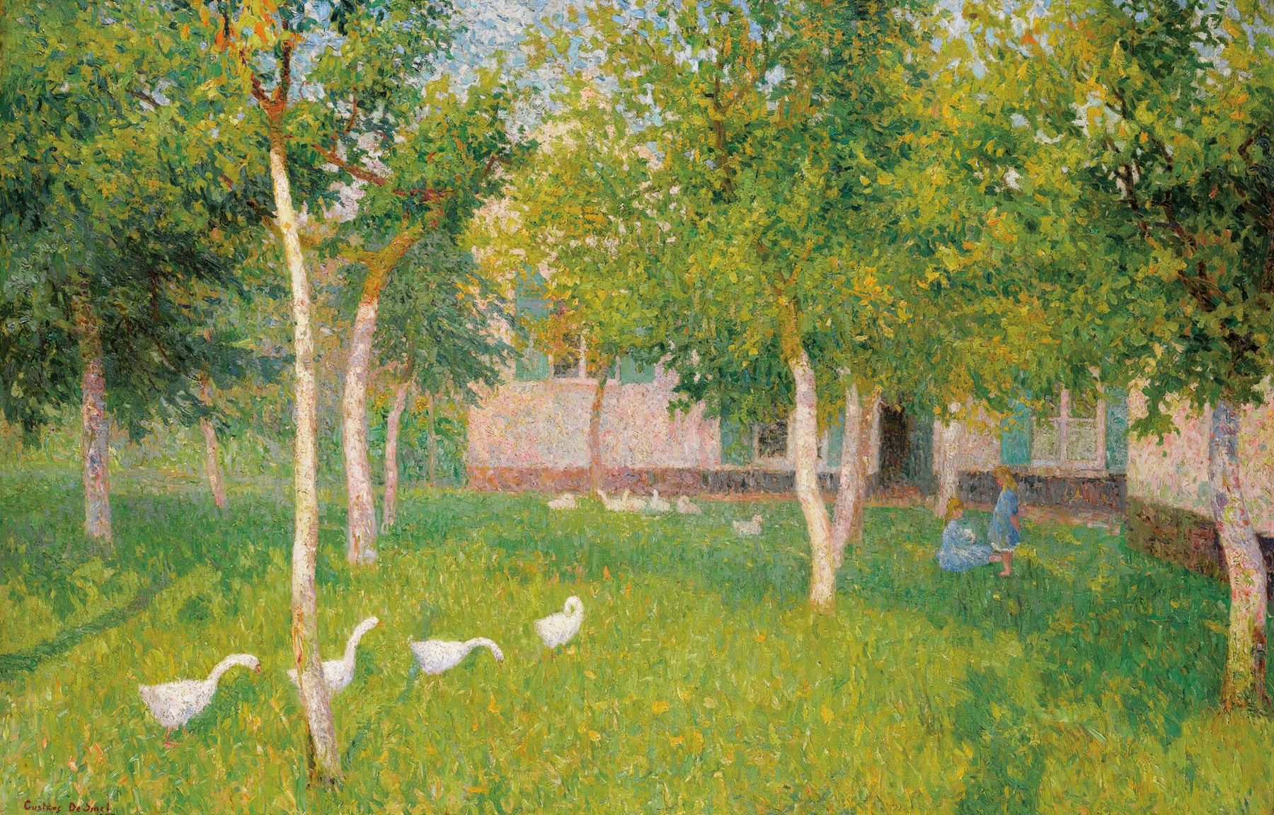 Oies Dans Un Jardin Avec Deux Enfants by Gustave De Smet, impressionism, depicting children playing with geese in a garden.