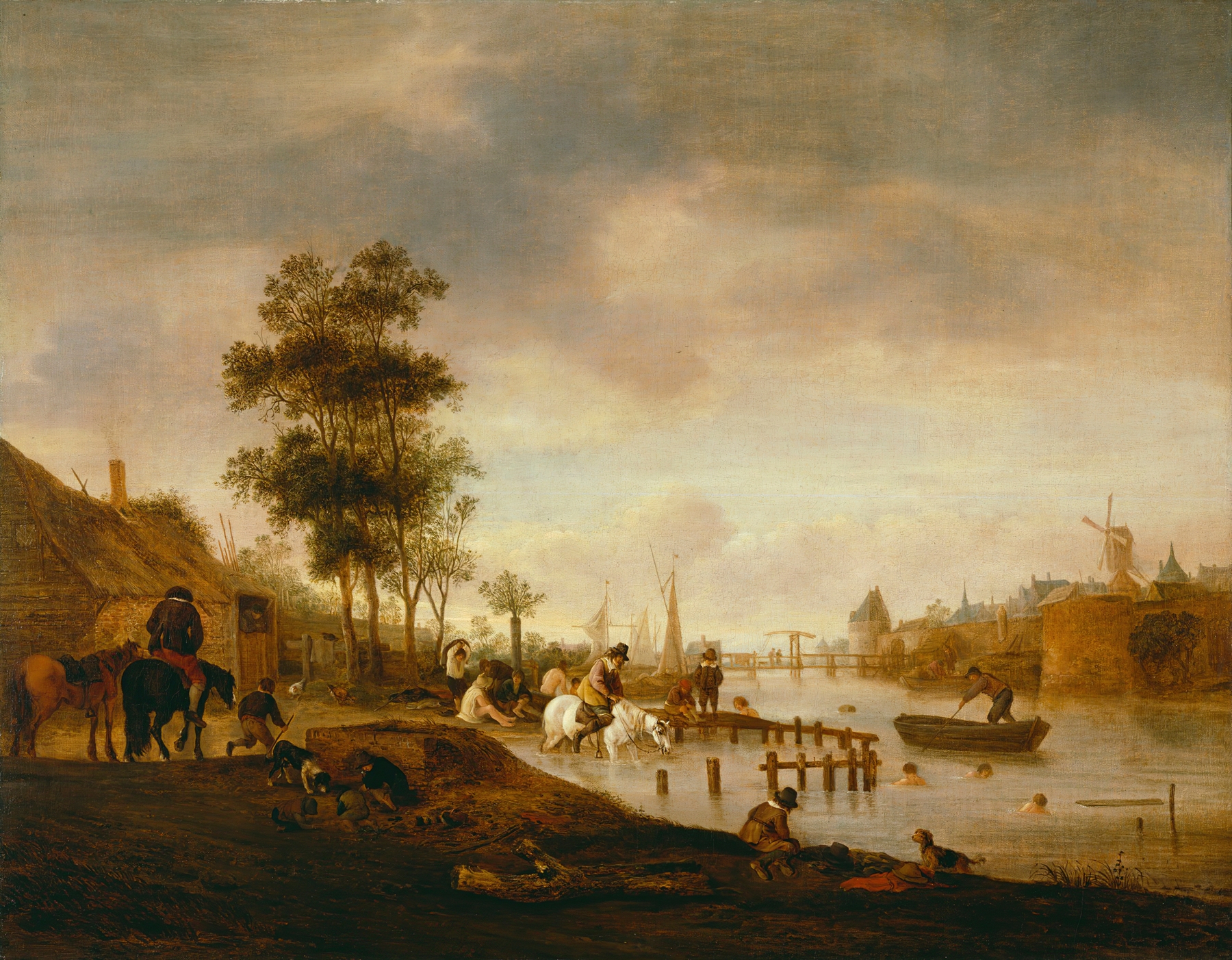 River landscape with swimmers, oil painting by Isaac van Ostade
