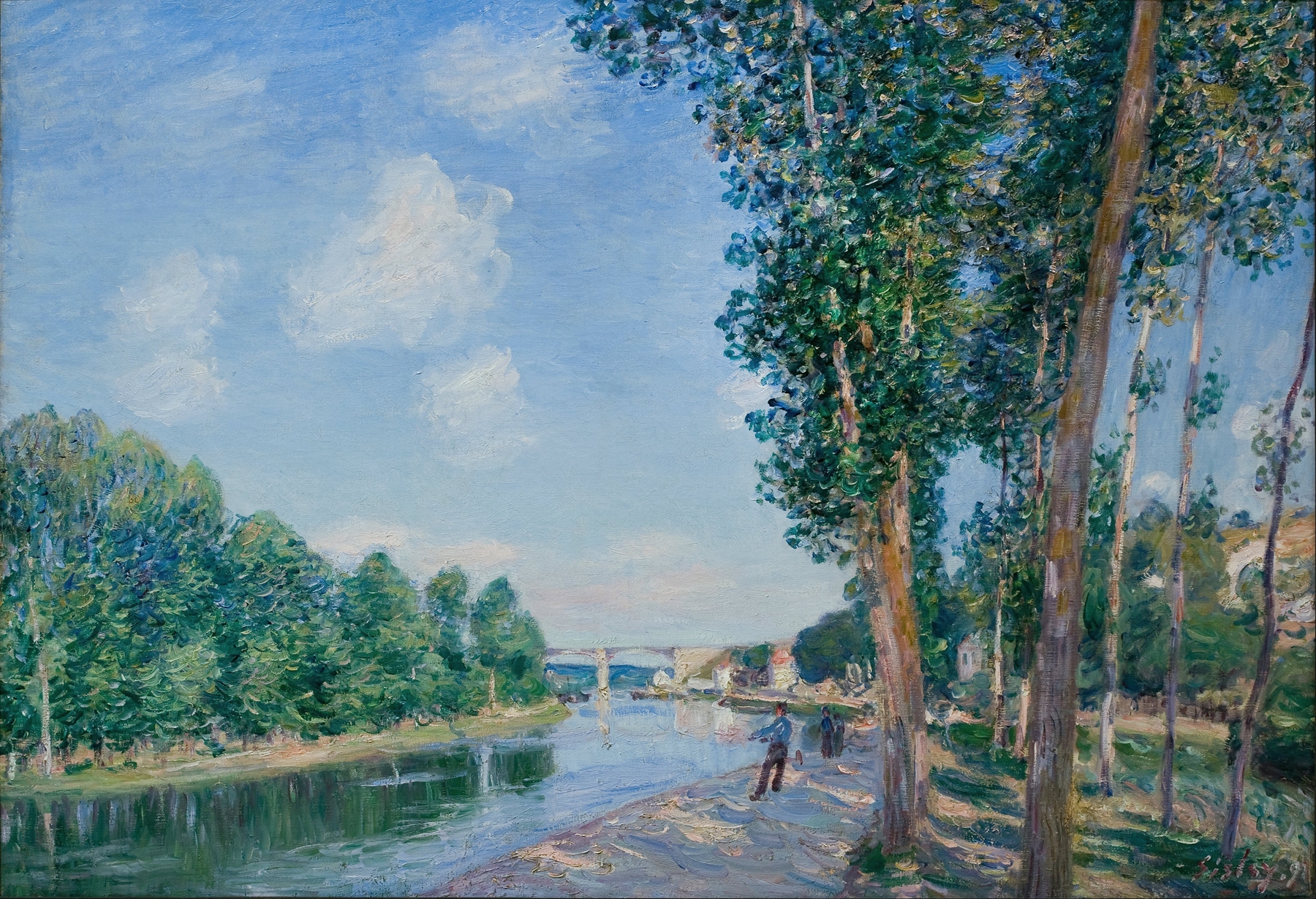 Landscape of Saint-Mammès with river and village, oil on canvas by Alfred Sisley