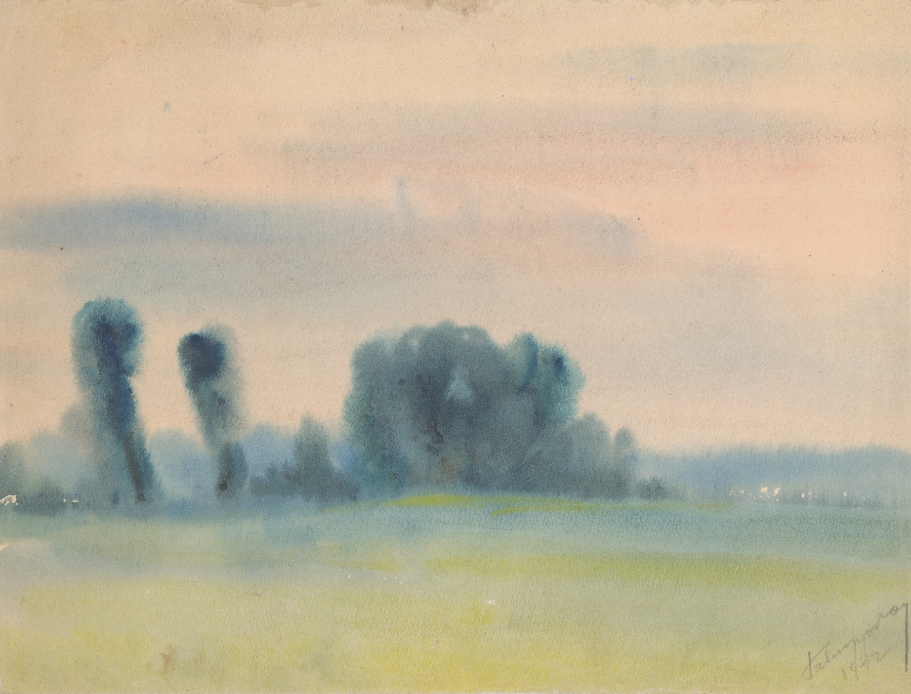 Trees in the Meadow by Zolo Palugyay, oil on canvas depicting a tranquil landscape with lush greenery.