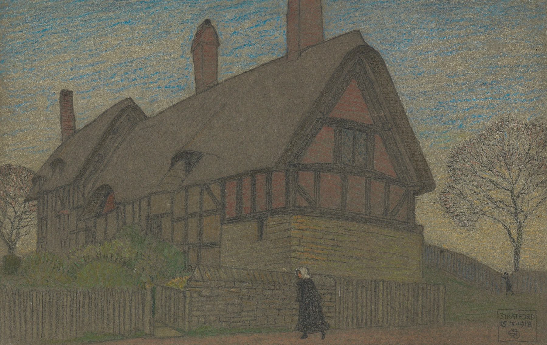 Watercolour by Joseph Edward Southall depicting Ann Hathaway’s cottage with a garden.