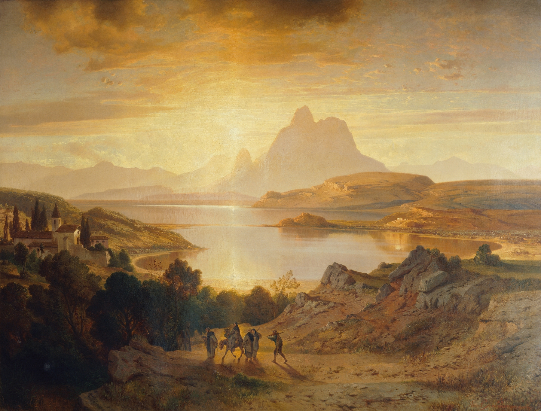 Lago di Lugano oil painting by Albert Zimmermann, featuring serene waters and sunset reflections.