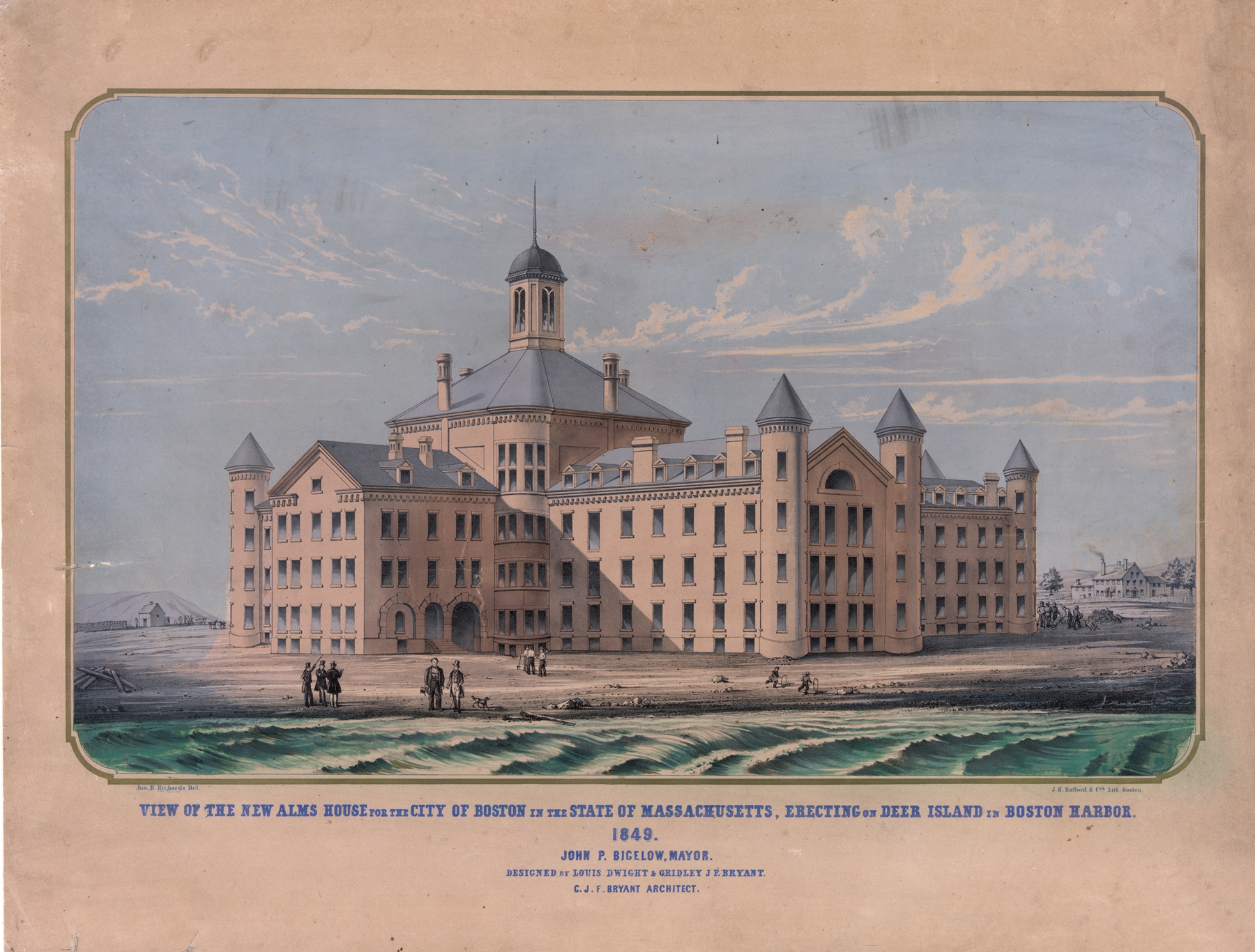 View of the new alms house for the city of Boston in the state of Massachusetts, erecting on Deer Island in Boston Harbor, by John H. Bufford's & Sons, public domain