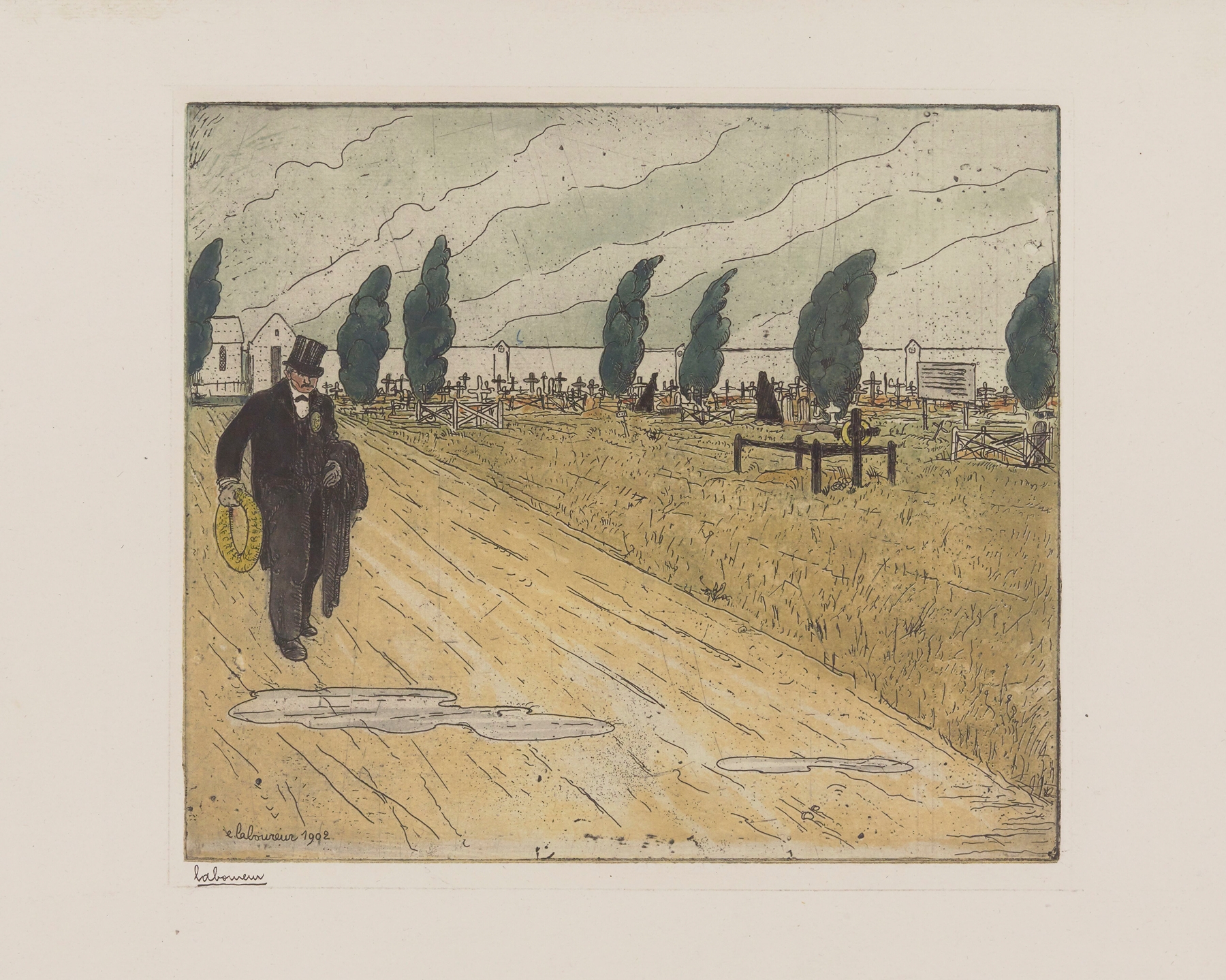 Figurative artwork depicting a funeral worker by Jean-Émile Laboureur, Expressionism