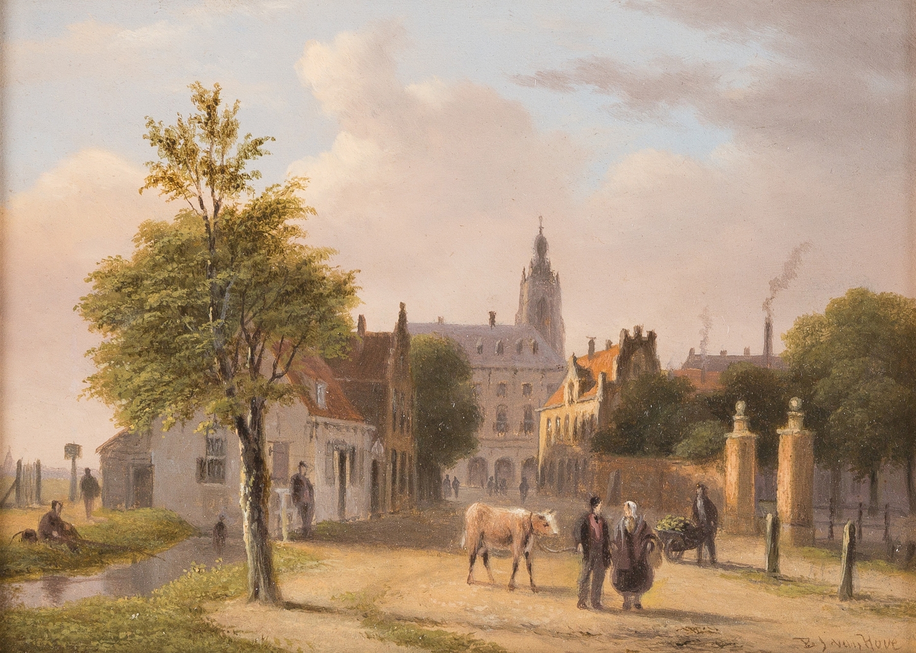 Landscape depicting a Dutch town with houses and a river by Bartholomeus Johannes van Hove