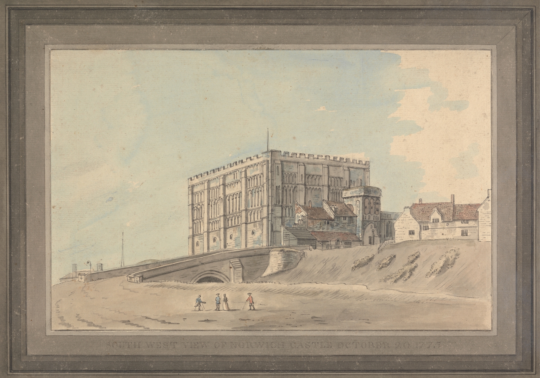 South West View of Norwich Castle by Capt. Francis Grose, oil painting depicting a castle in golden light.