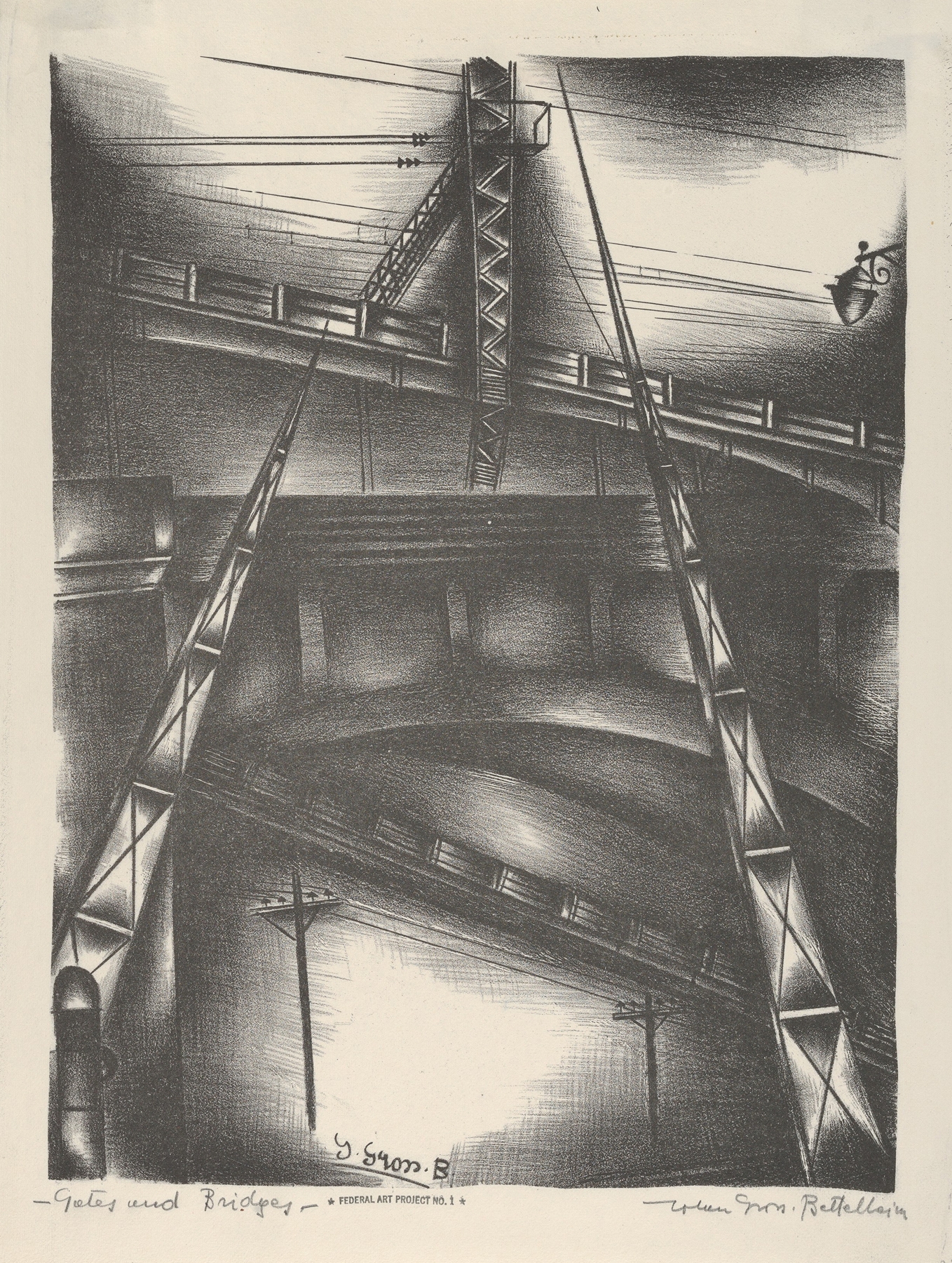 Abstract artwork by Jolan Gross Bettelheim, oil painting featuring gates and bridges.