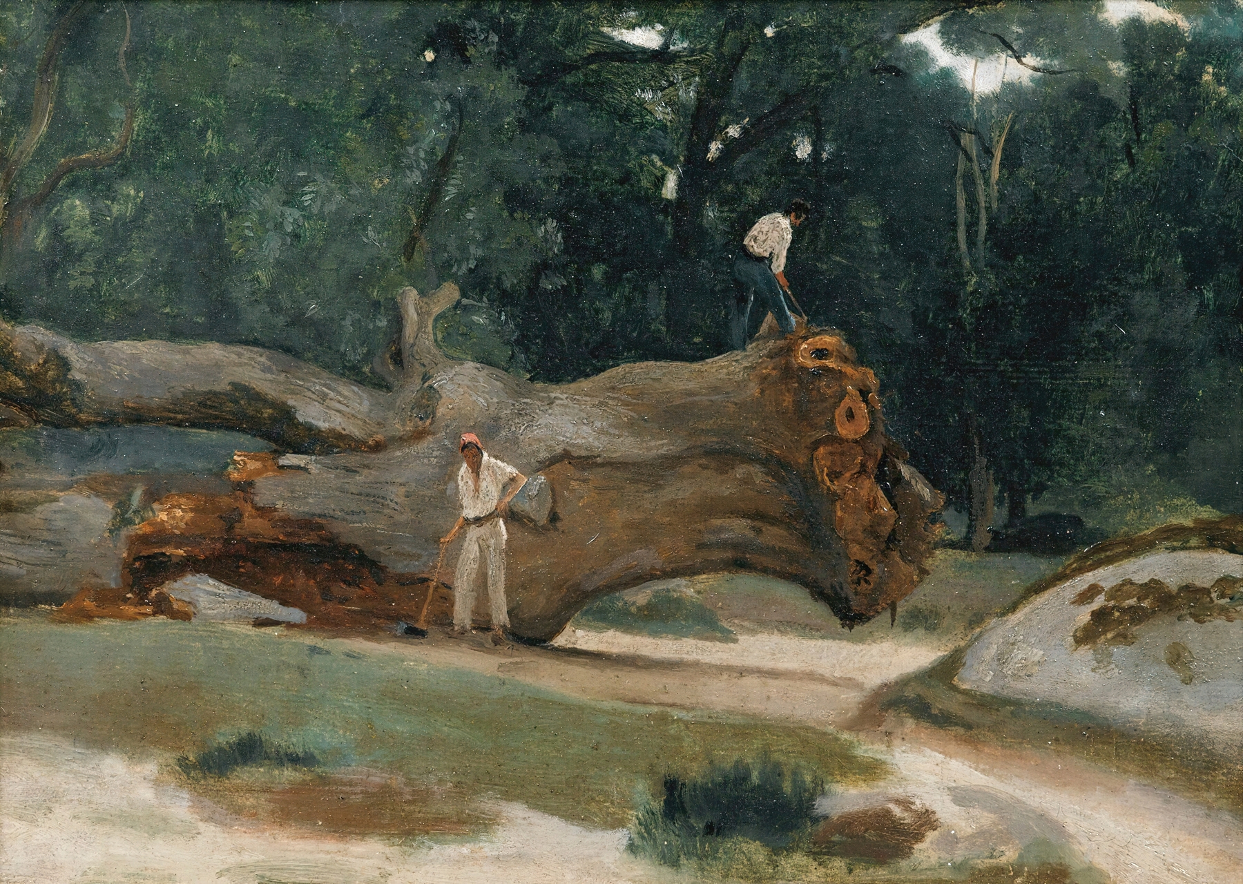 Bûcherons by Jean-Baptiste-Camille Corot, oil on canvas depicting lumberjacks in a forest.