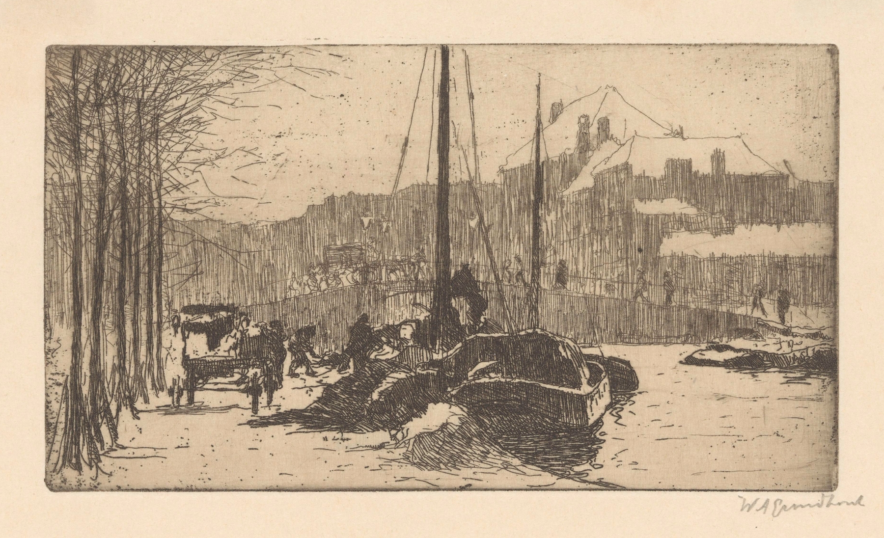 Winter landscape with snow covering rooftops by Willem Adrianus Grondhout, oil painting