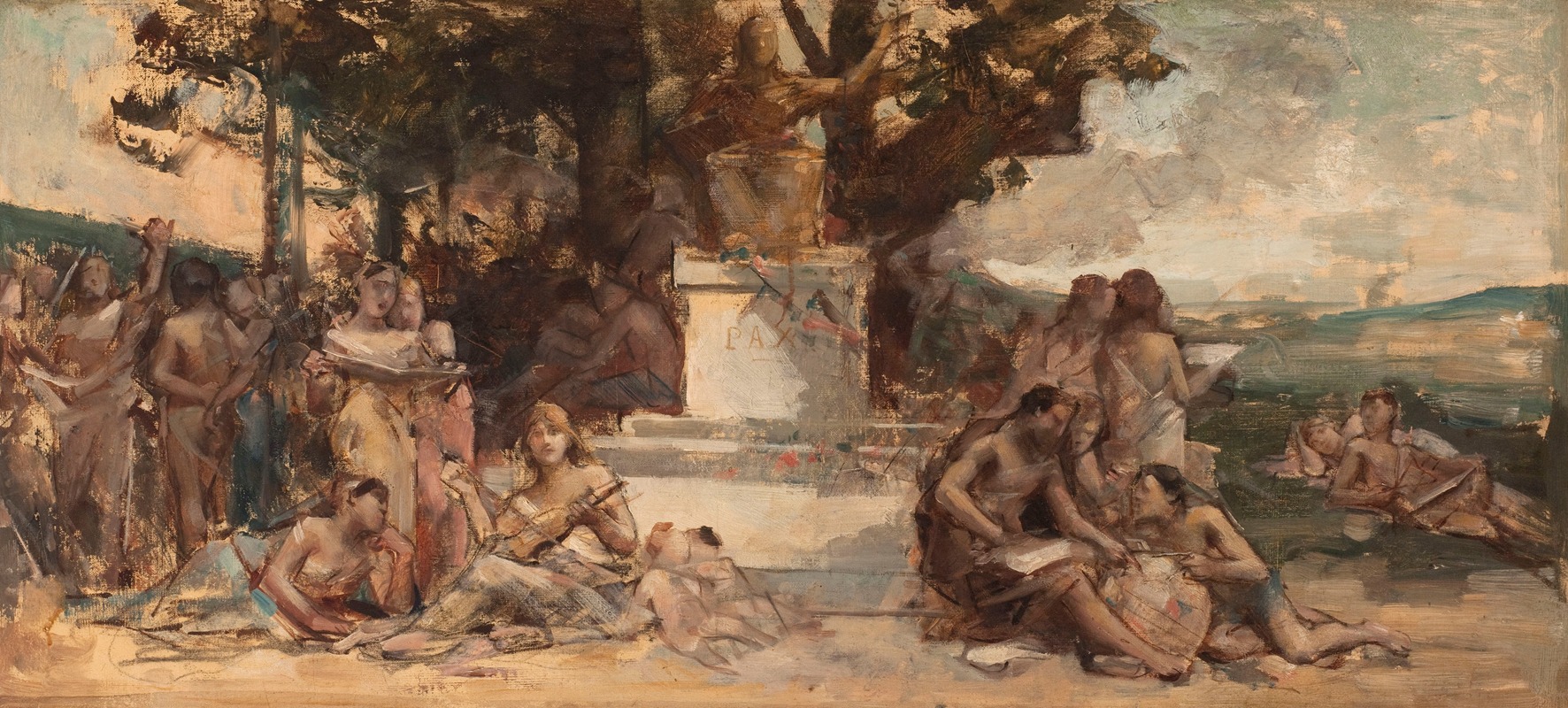 Léon François Comerre's painting 'L’étude des sciences et des arts' depicts a rich allegorical scene.