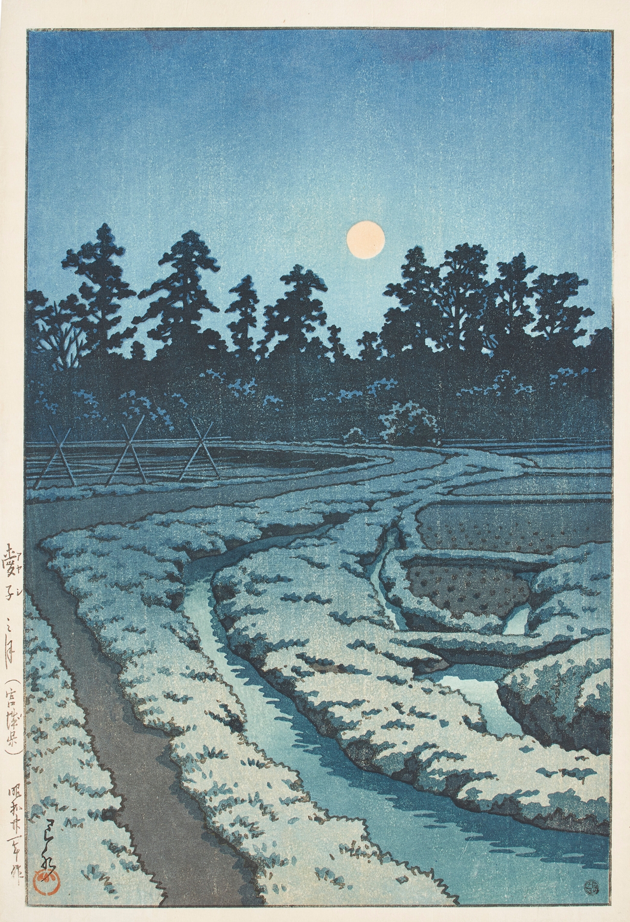 Woodblock print by Kawase Hasui showing moonlight on water