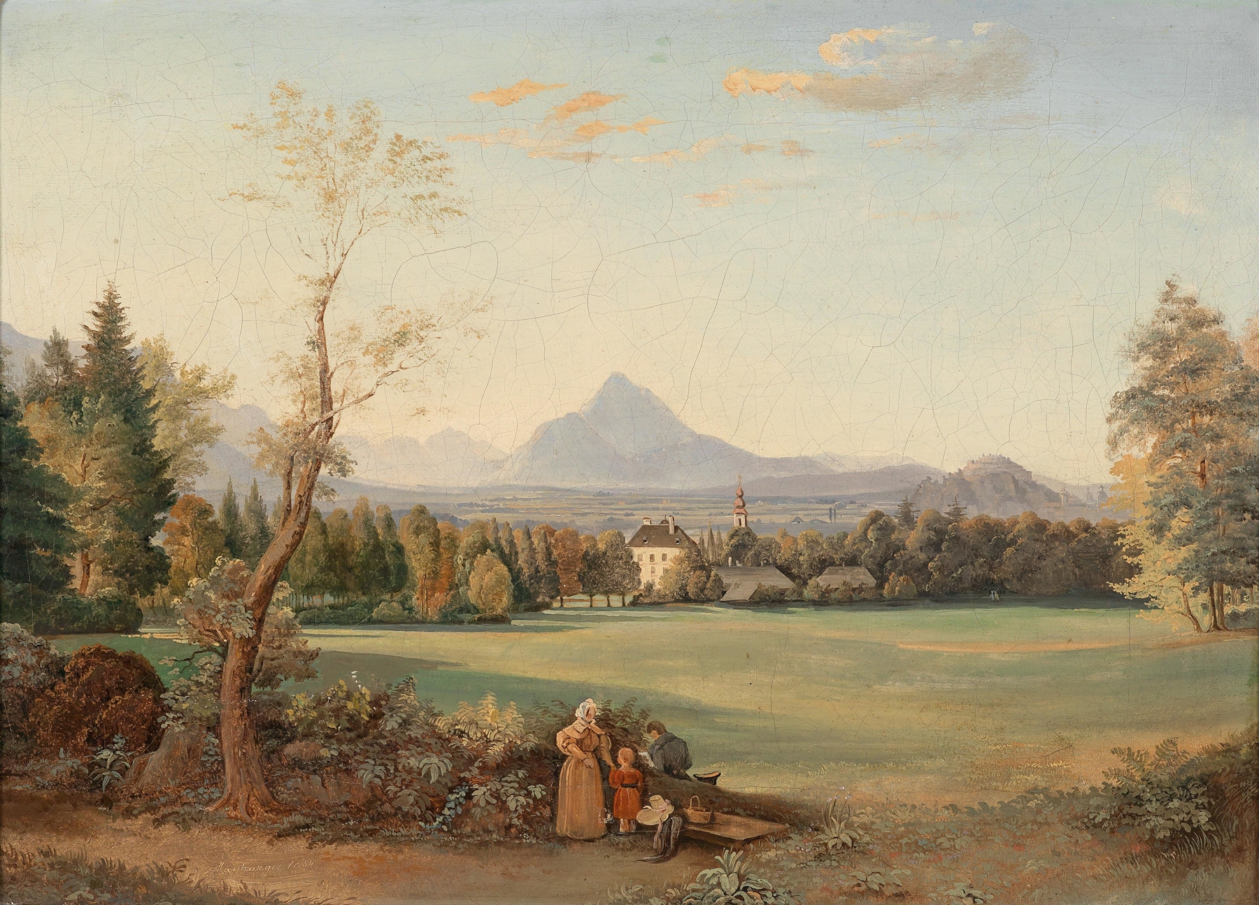 Landscape of Hohensalzburg fortress at dusk by Josef Mayburger, oil painting