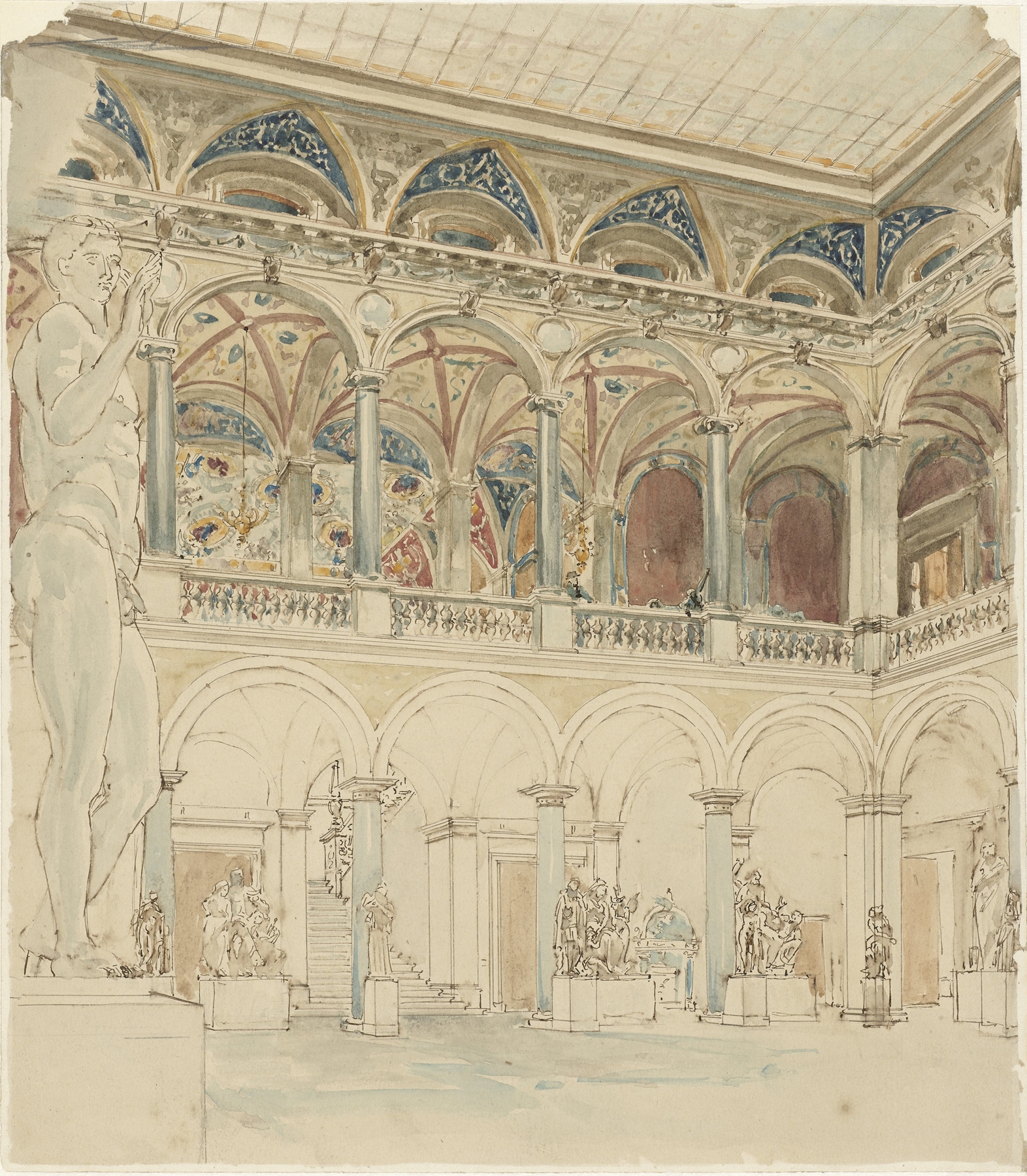 Interior scene of a courtyard with figures and light by Wilhelm Cornelis Bauer, medium unknown