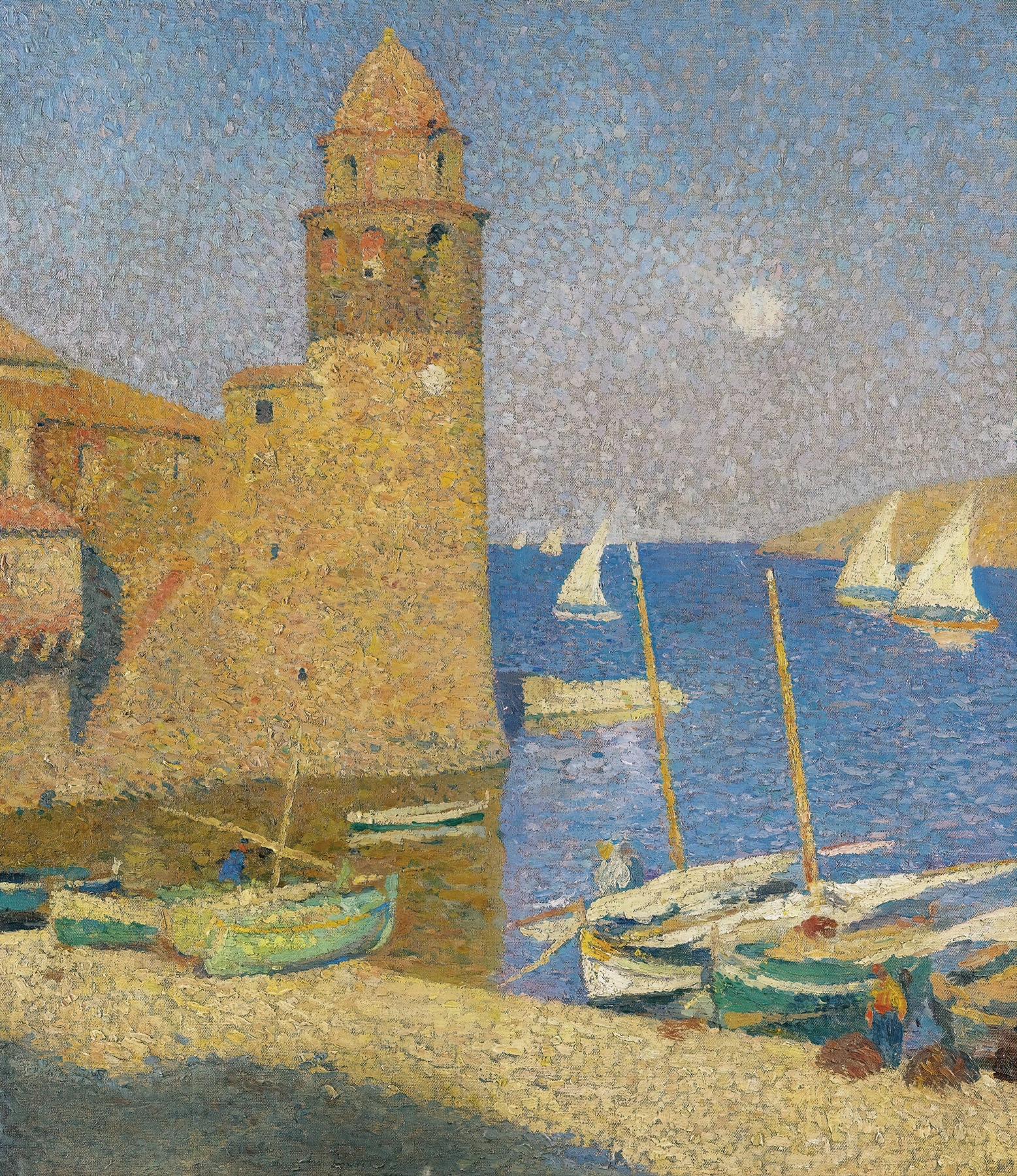 La Tour De Collioure, Lever De Lune by Henri Martin, oil on canvas depicting a moonlit village by the sea.