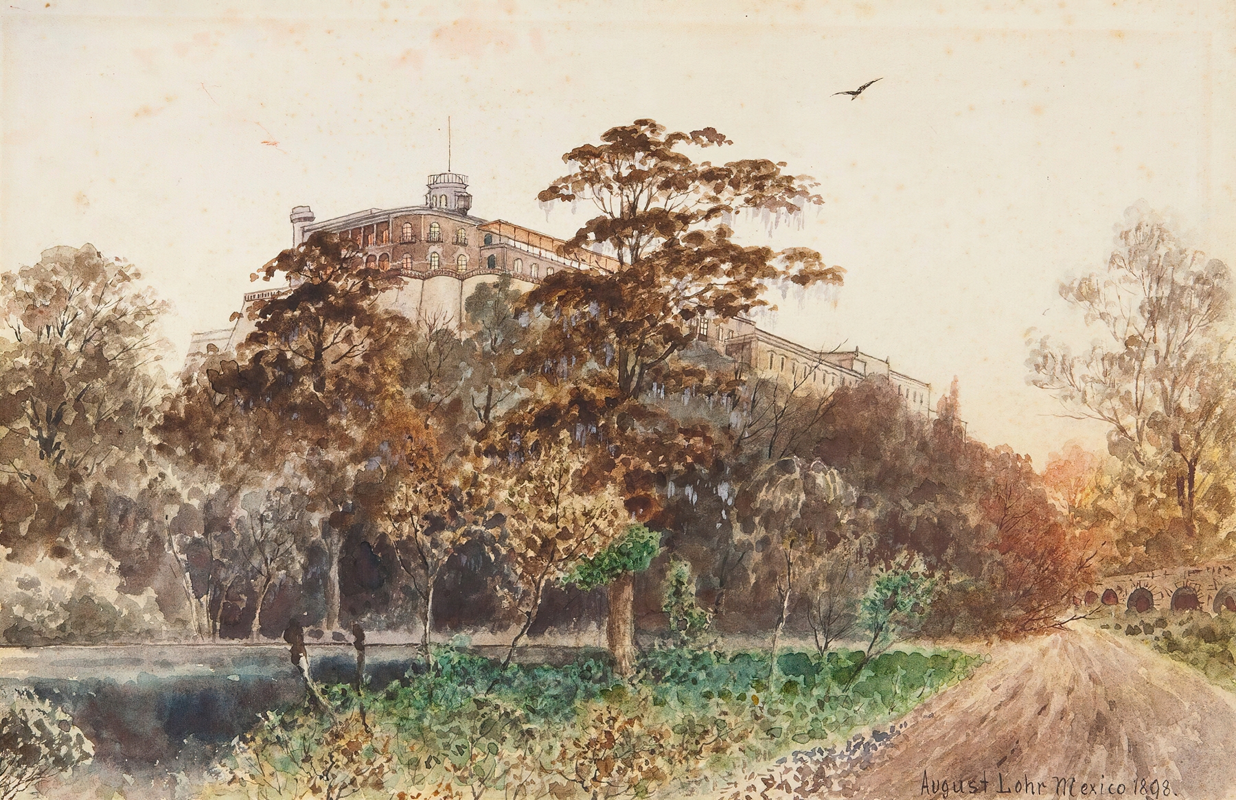 Castillo De Chapultepec by August Löhr, oil on canvas depicting a castle on a hill surrounded by trees and sunlight.
