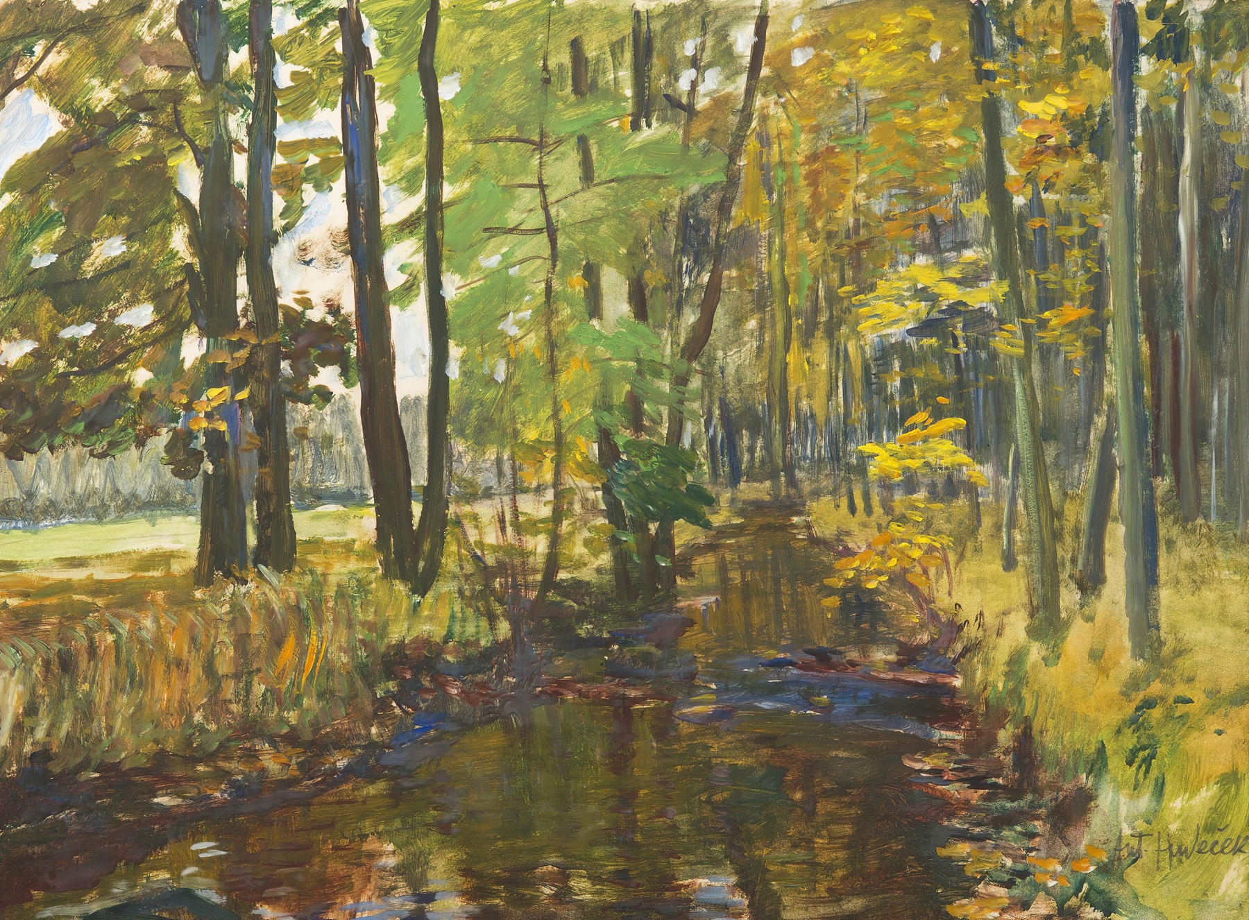 Landscape with a brook in the forest by Antonín Hudeček, unknown medium