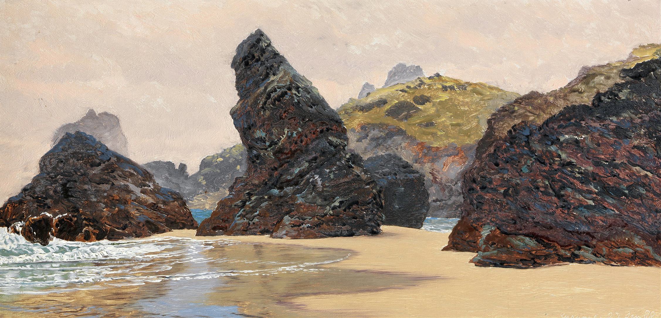 Kynance by John Brett, oil painting depicting cliffs and sea with swirling waves.