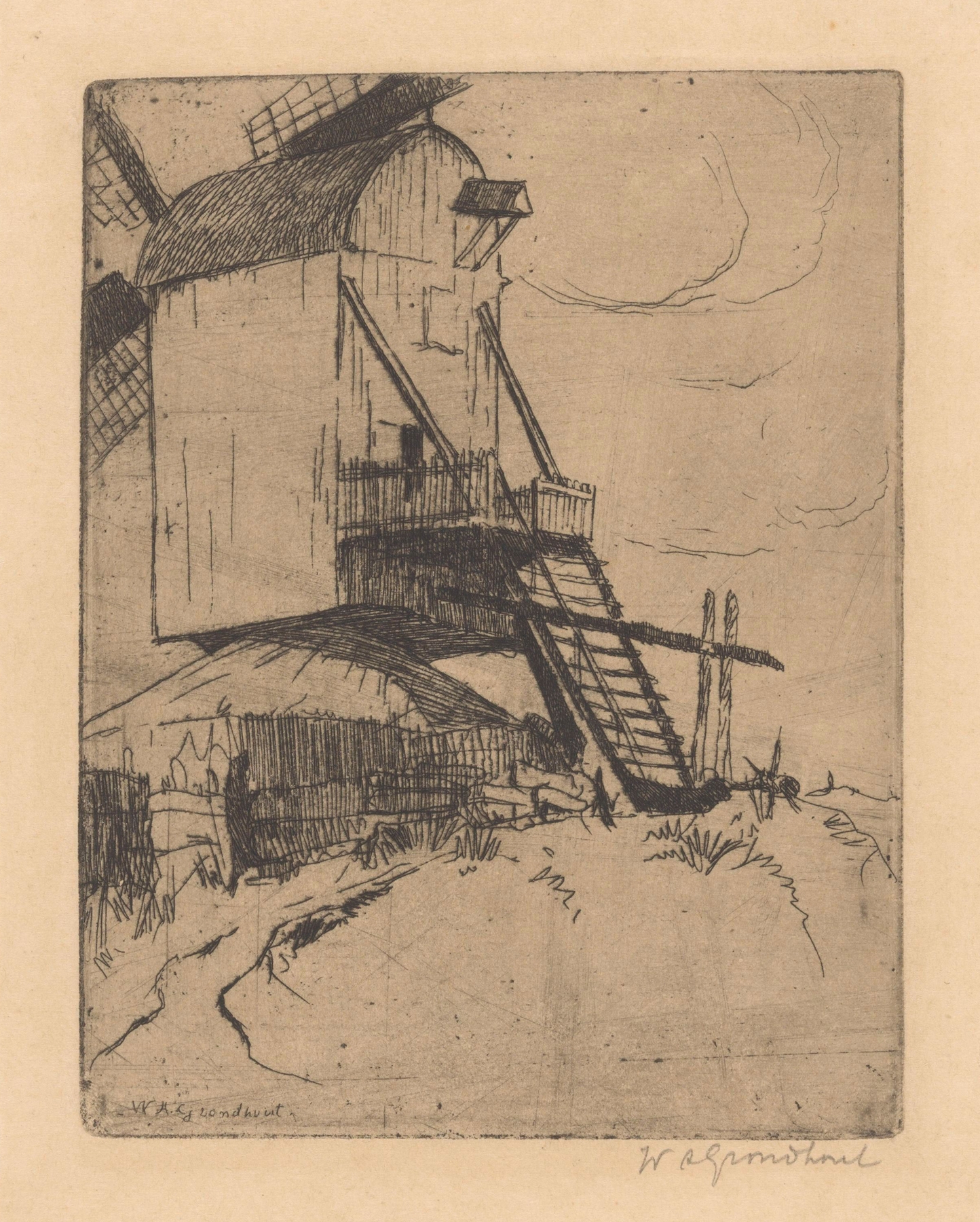 Landscape with a windmill and staircase by Willem Adrianus Grondhout, oil painting