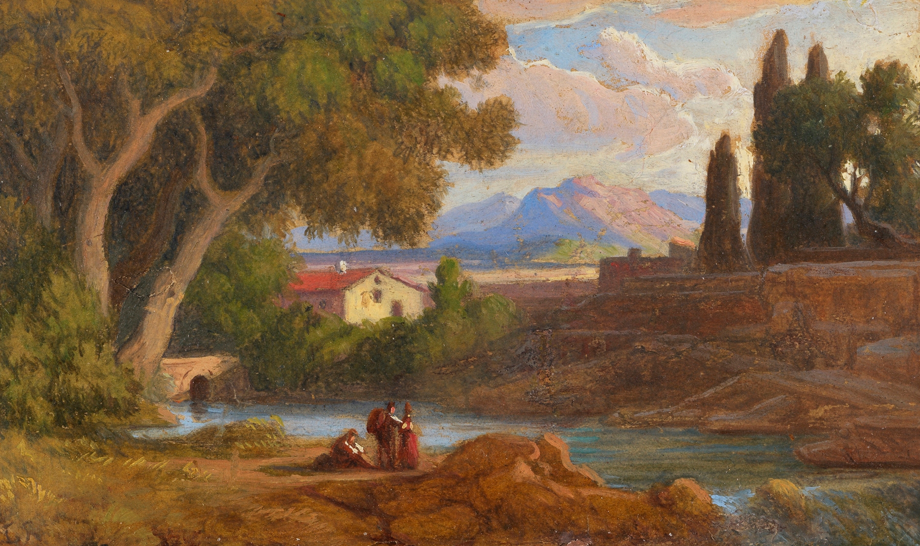 Landschaft bei den Sabiner Bergen, oil on canvas by Adrian Ludwig Richter depicting serene hills and warm light.