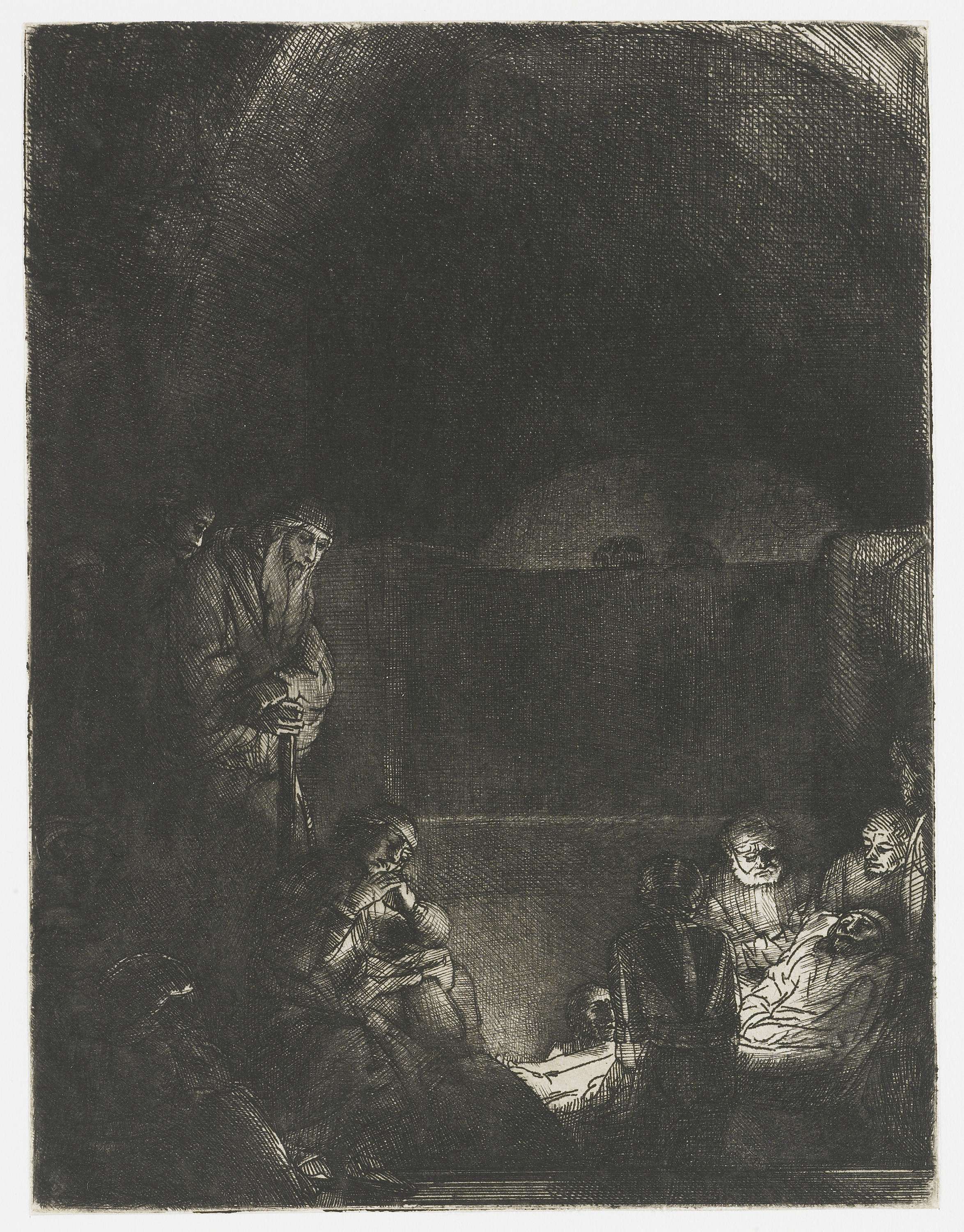 Etching by Rembrandt van Rijn depicting figures in mourning during The Entombment