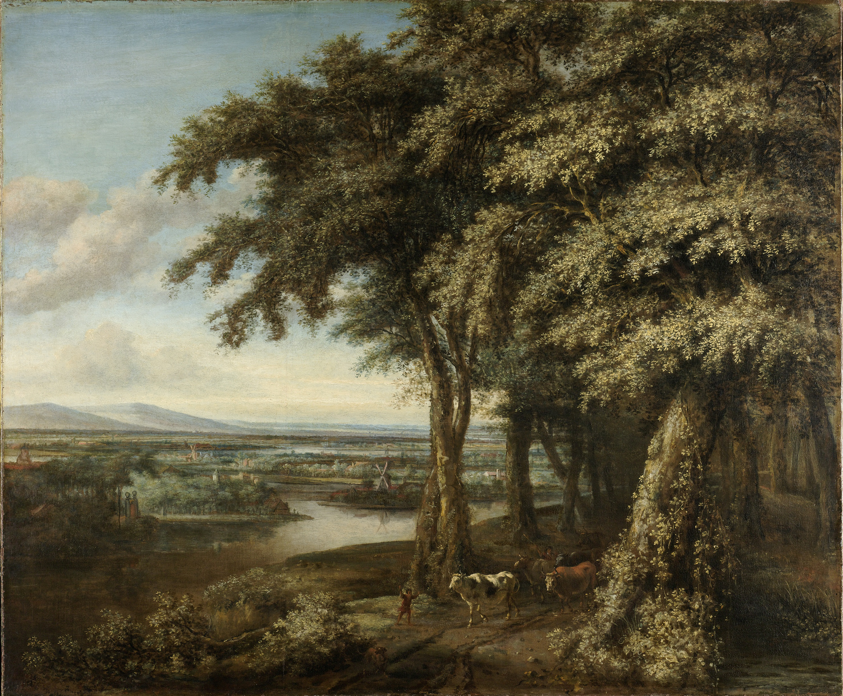 Landscape oil painting by Philips Koninck featuring a river, mountains, and trees