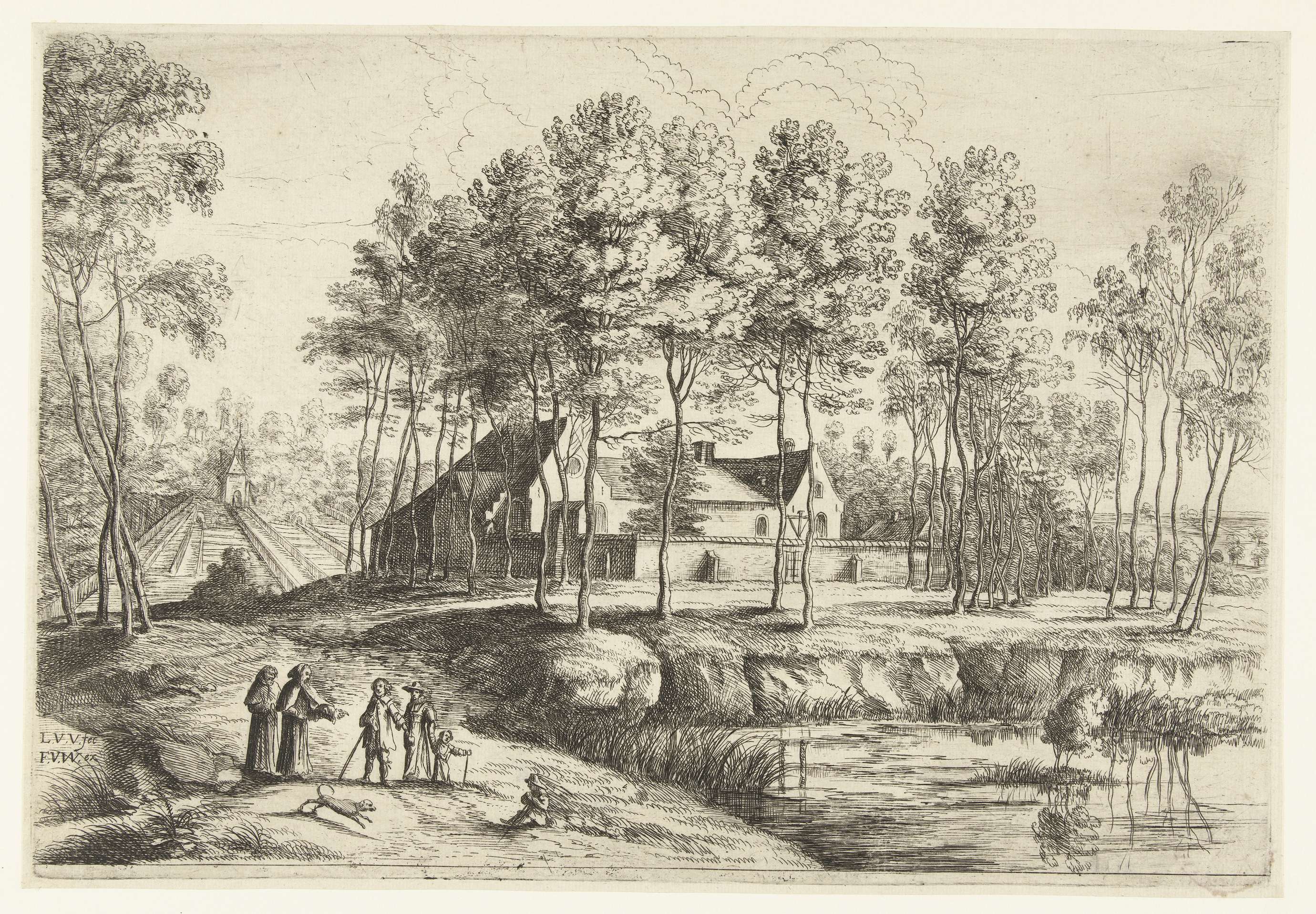 Etching by Lucas van Uden depicting a Capuchin monastery surrounded by rolling hills
