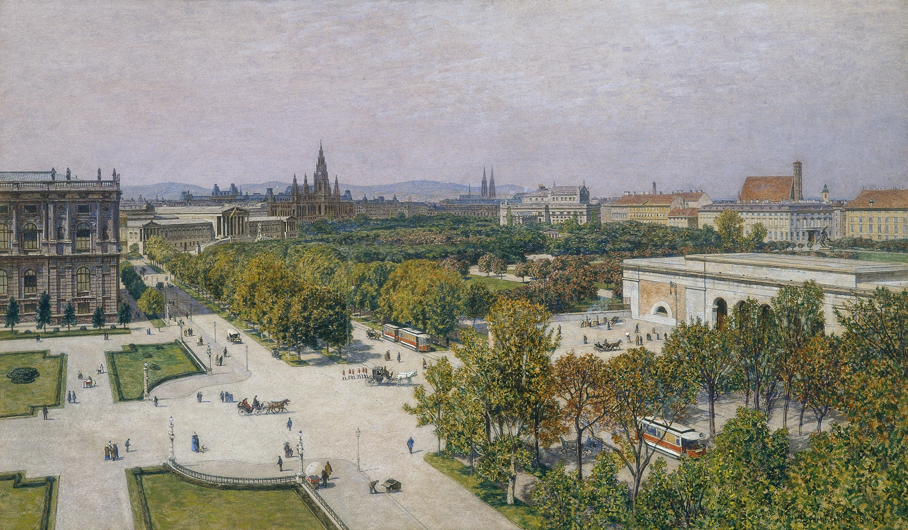 Blick auf den Ring gegen das Rathaus und Parlament, oil on canvas by Maximilian Suppantschitsch