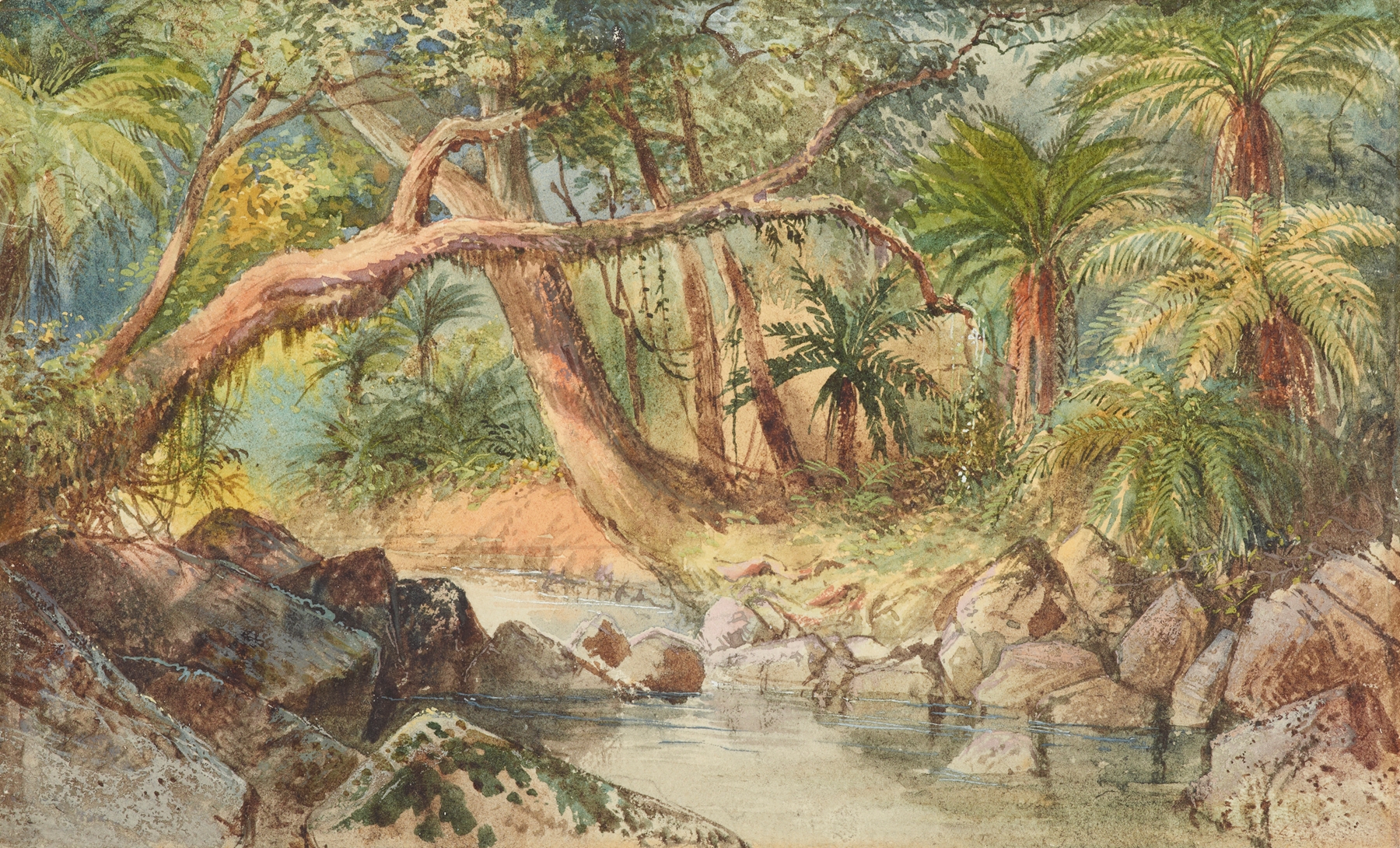 Creek at Holmes Bay by Nicholas Chevalier, oil painting featuring fuchsia trees.