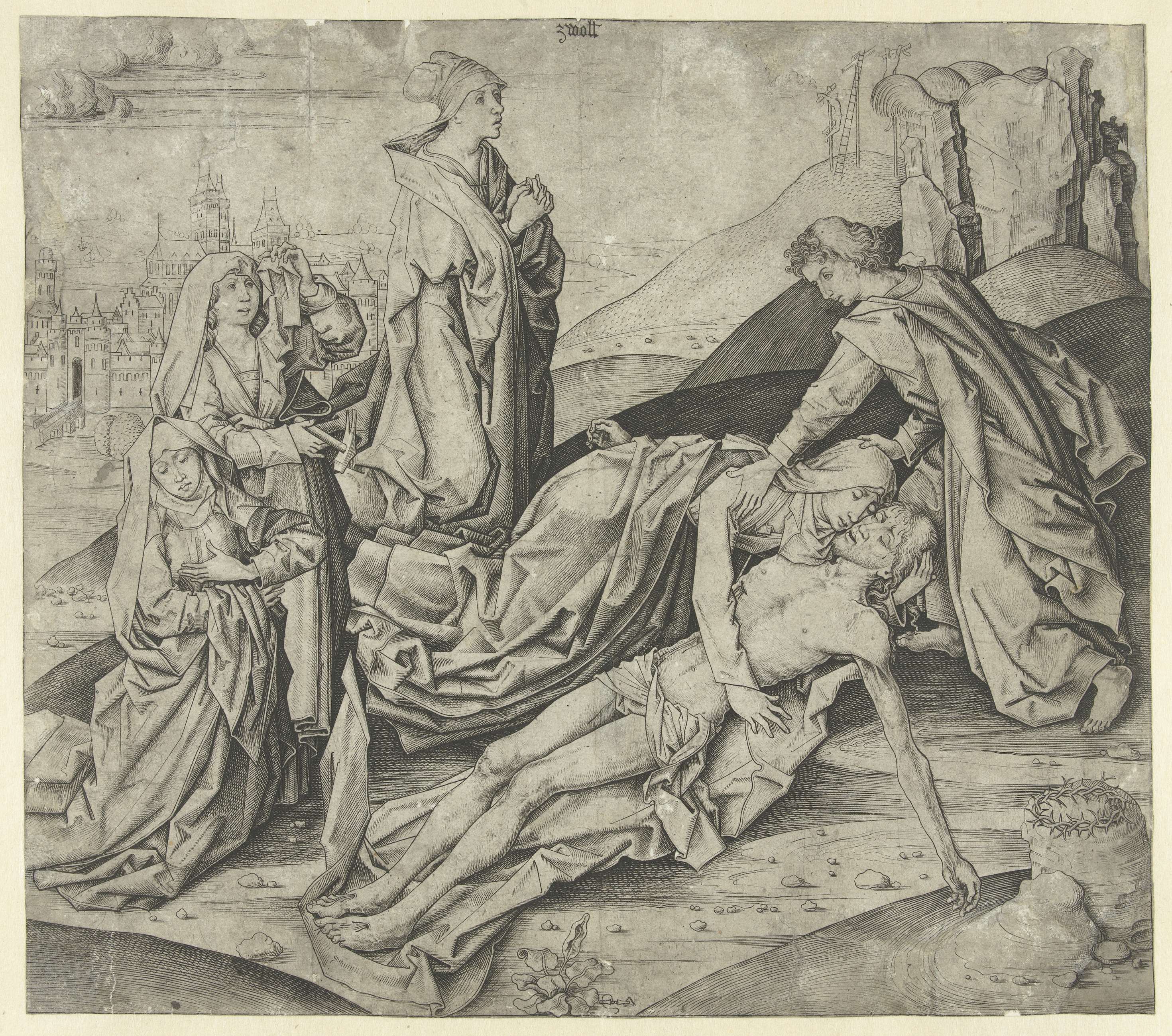 The Lamentation of Christ engraving by Meester IAM van Zwoll, showing Mary mourning over Christ.