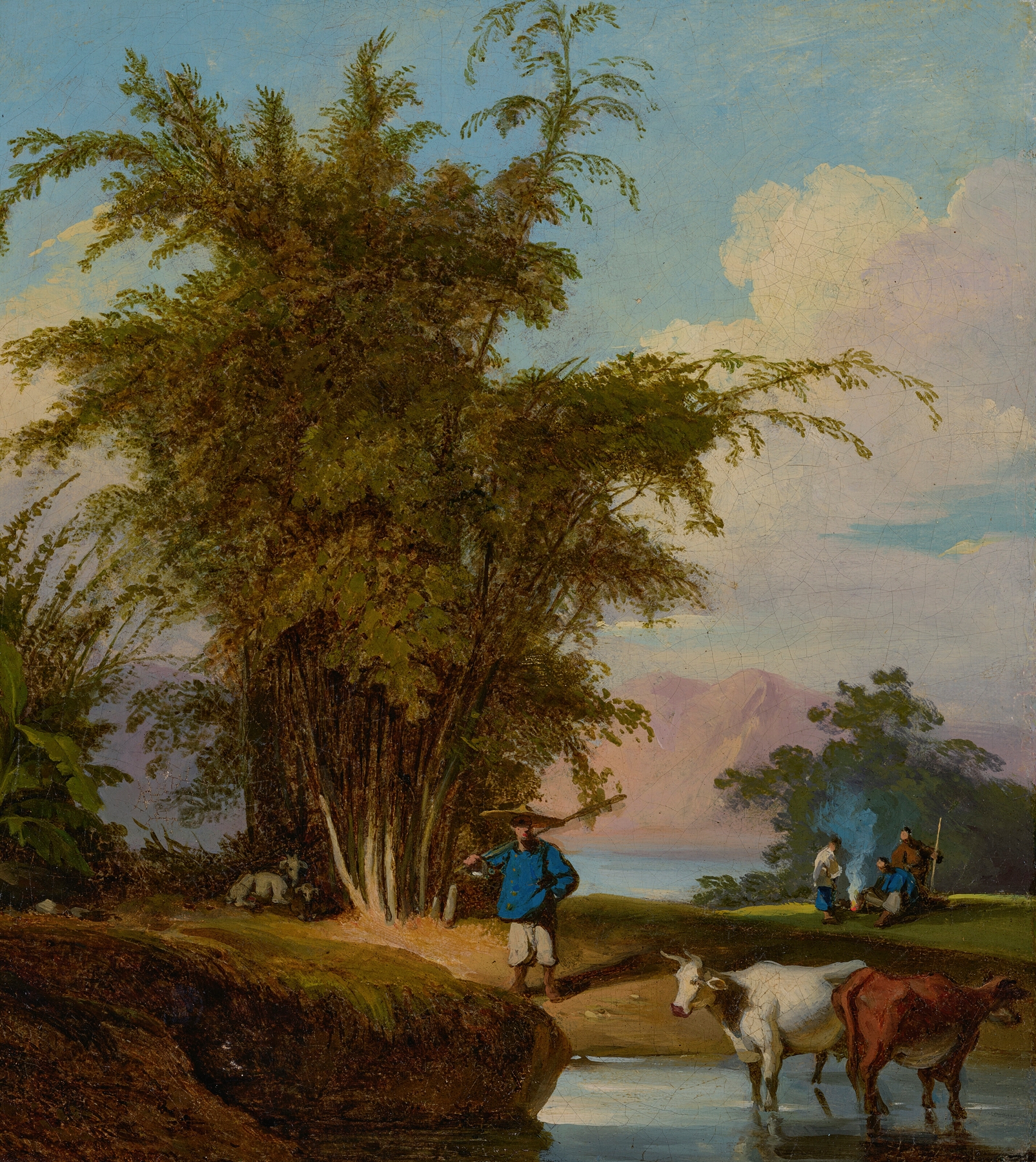 Landscape in Macau with a herdsman and cattle watering, by George Chinnery.
