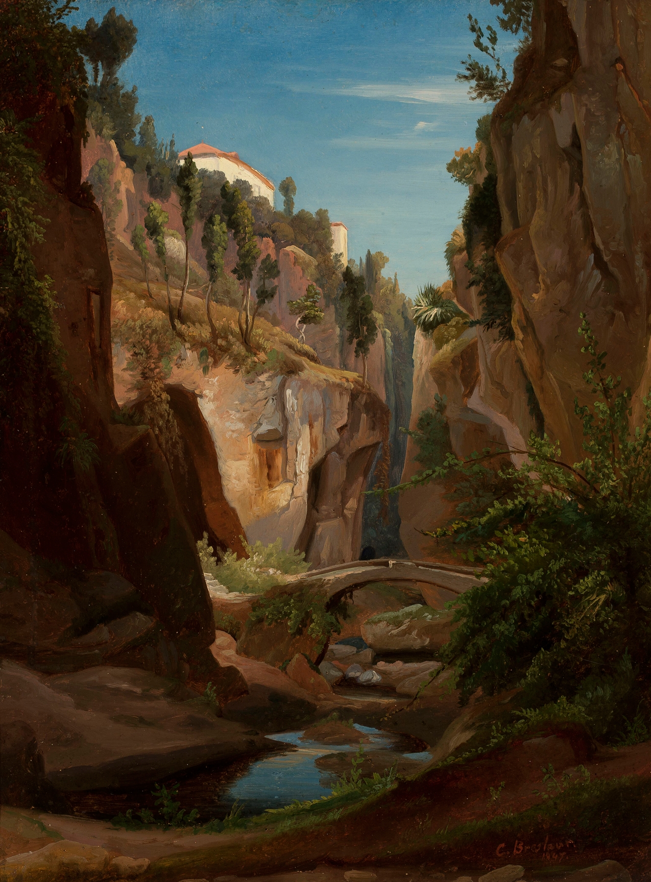 Mountain landscape by Chrystian Breslauer, oil painting depicting sunrise over rugged peaks.