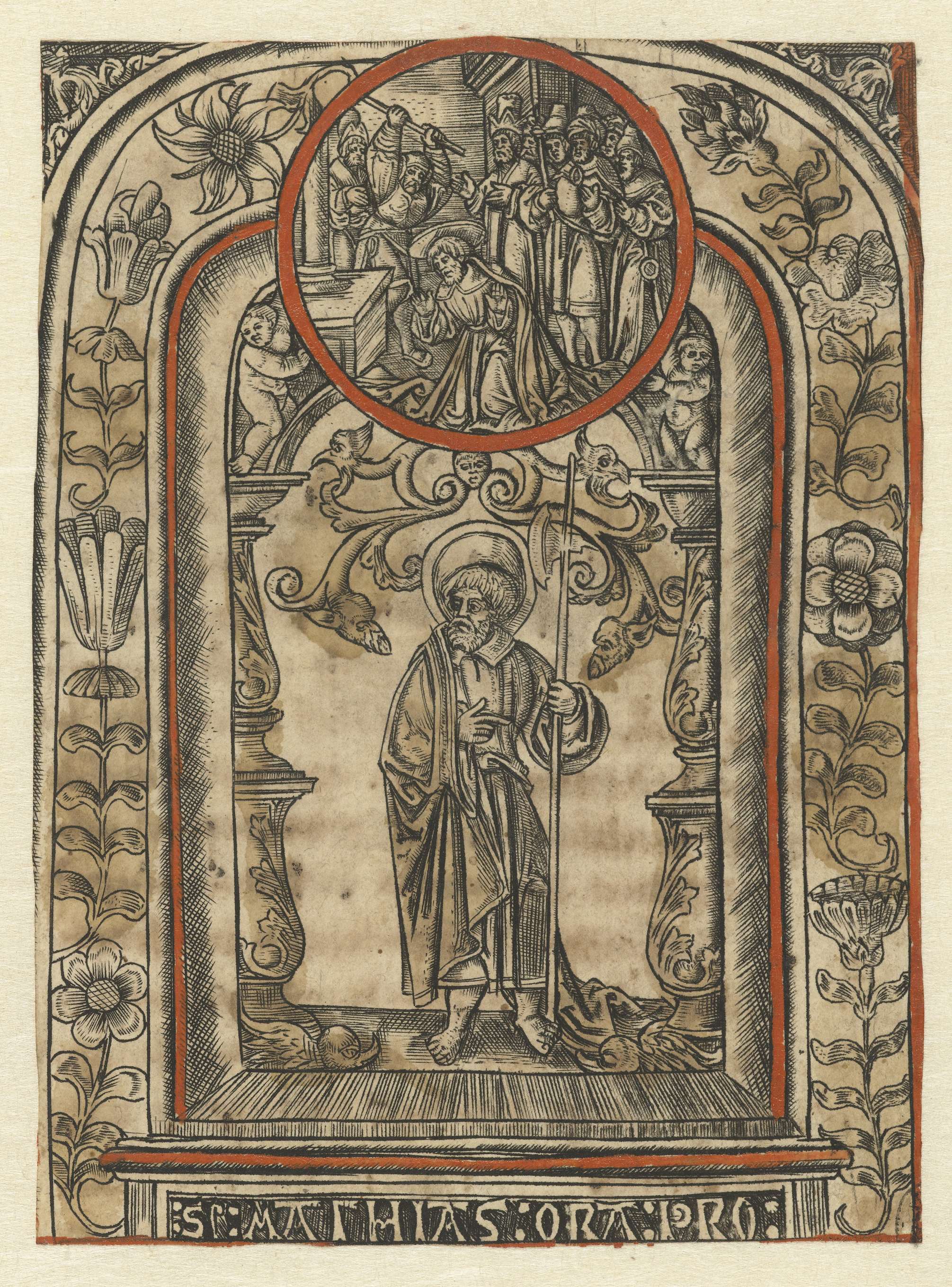 Engraving by Allaert Claesz depicting Matthias, the apostle, in a moment of martyrdom.
