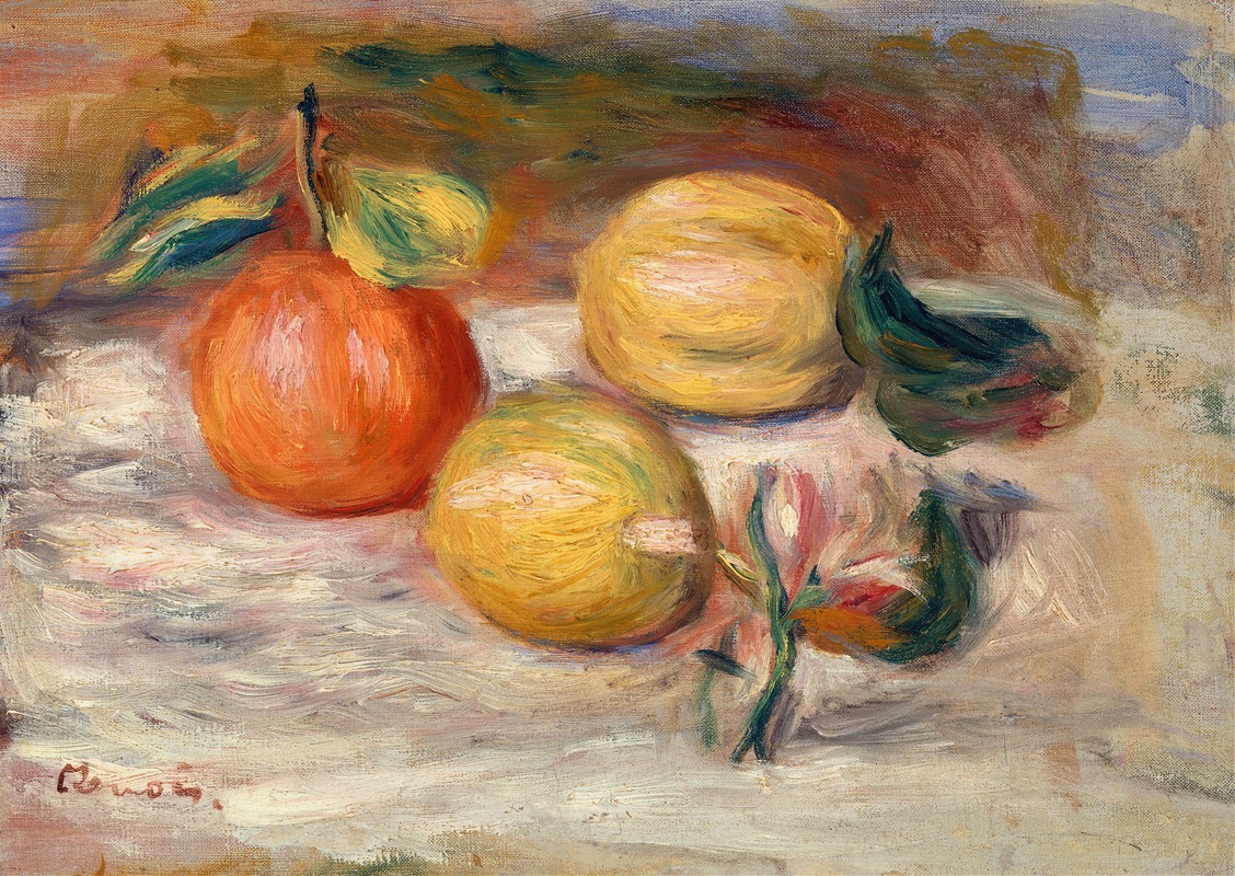 A still life painting featuring lemons and an orange.