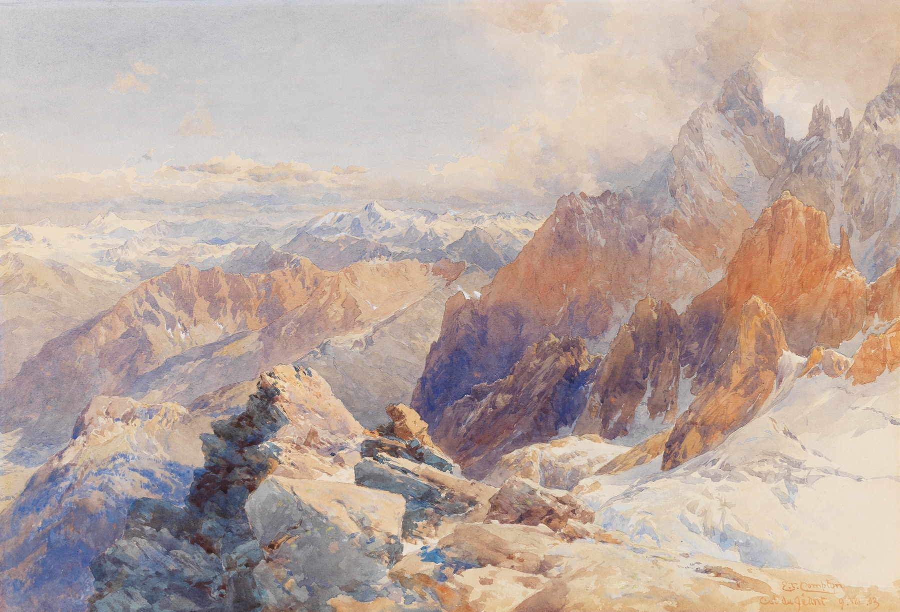 Col du Géant, oil on canvas by Edward Theodore Compton, depicting mountains and clouds under a bright sky.