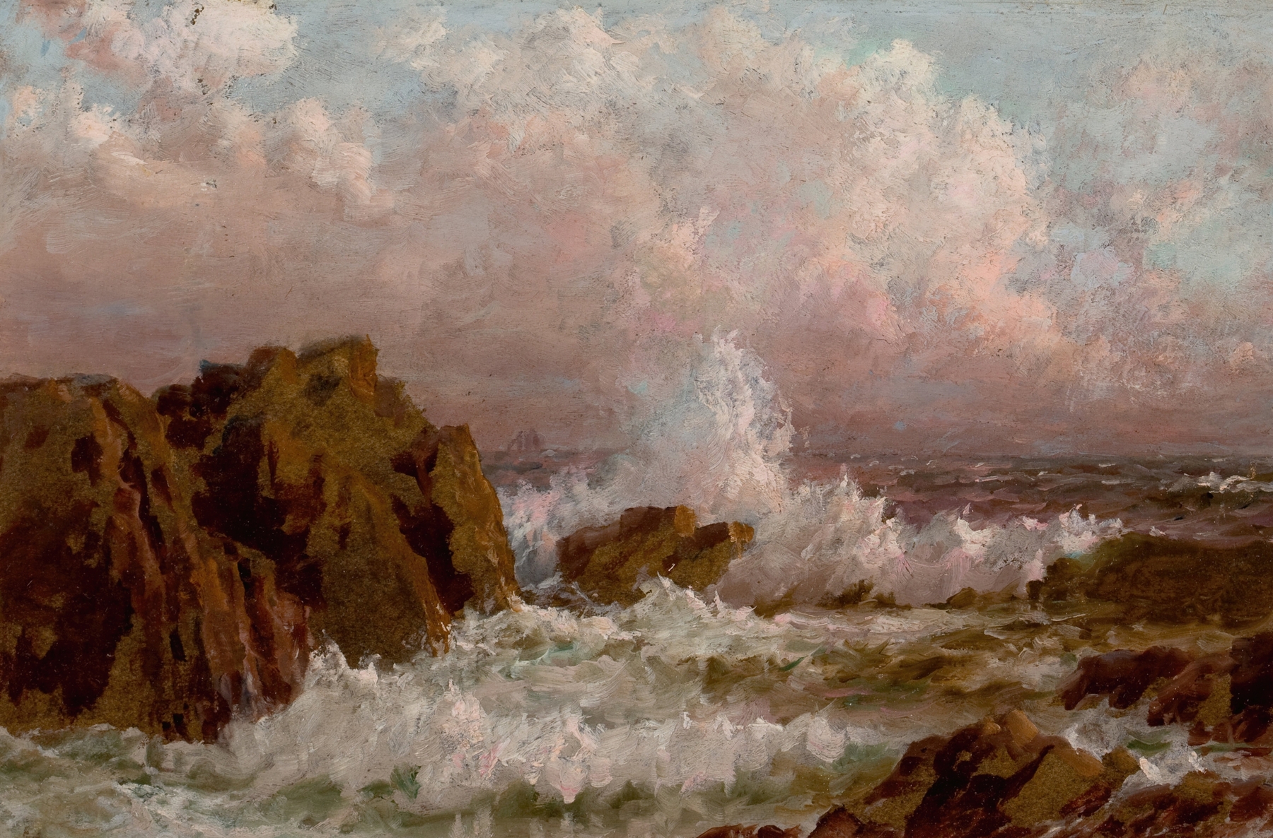 Seascape with Crashing Surf, oil on canvas by American School, depicting crashing waves and rocky shore.