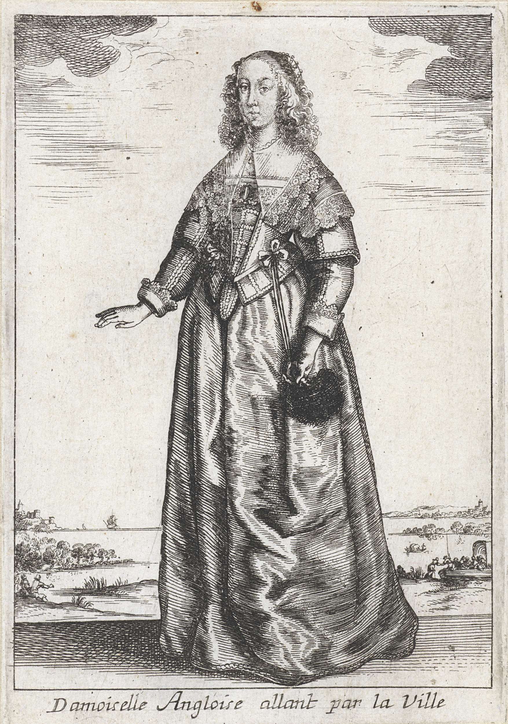 Damoiselle Angloise allant par la Ville, etching by Unknown Artist, featuring a woman in rich garments.