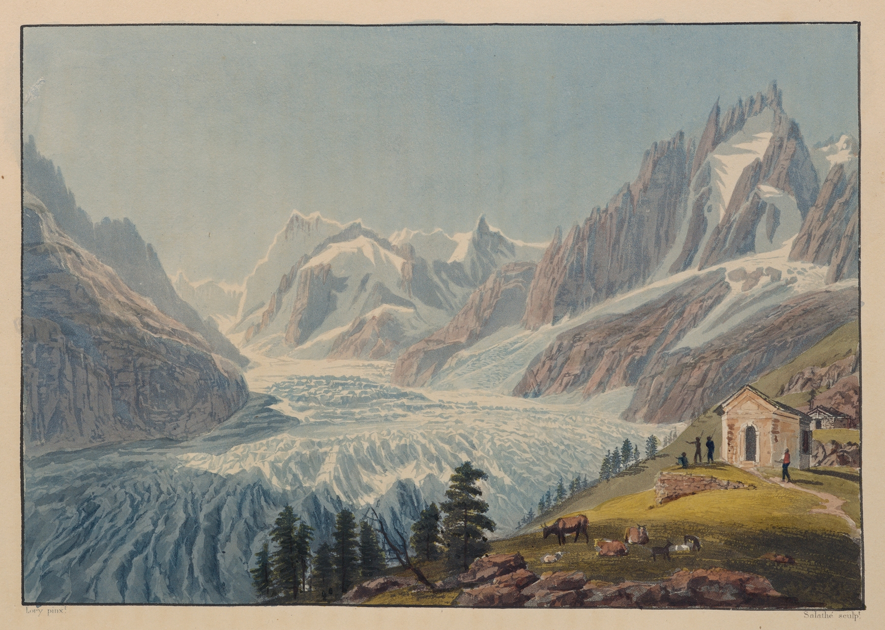 Vue du Montanvert by Gabriel Lory the older, oil painting of a serene mountain landscape.