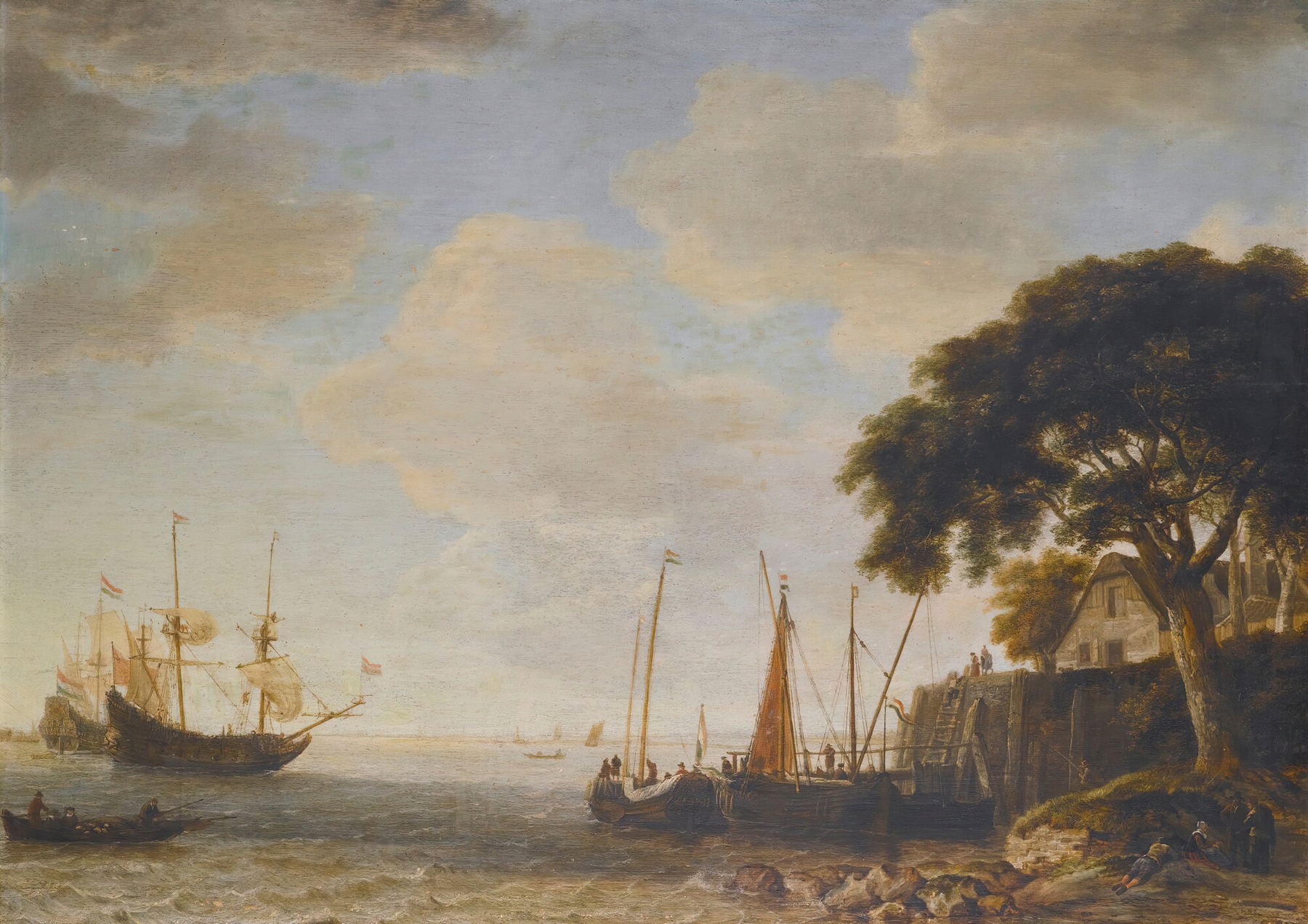 Coastal landscape oil painting by Jeronymus van Diest featuring a Dutch Kaag and a man of war.