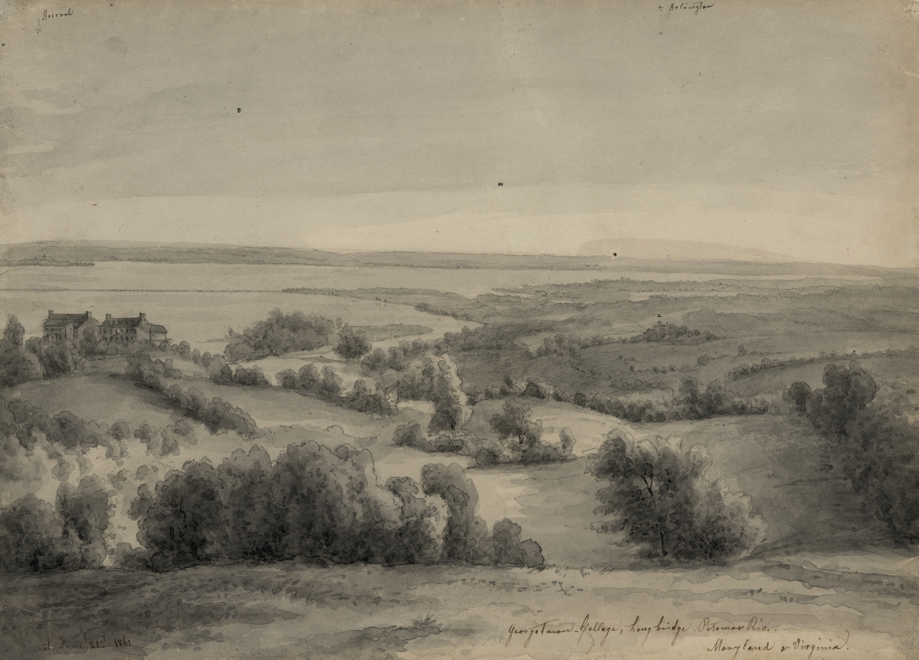 Georgetown College, Long Bridge, Potomac River, Maryland & Virginia–June 21, 1861, by Augustus Köllner, public domain