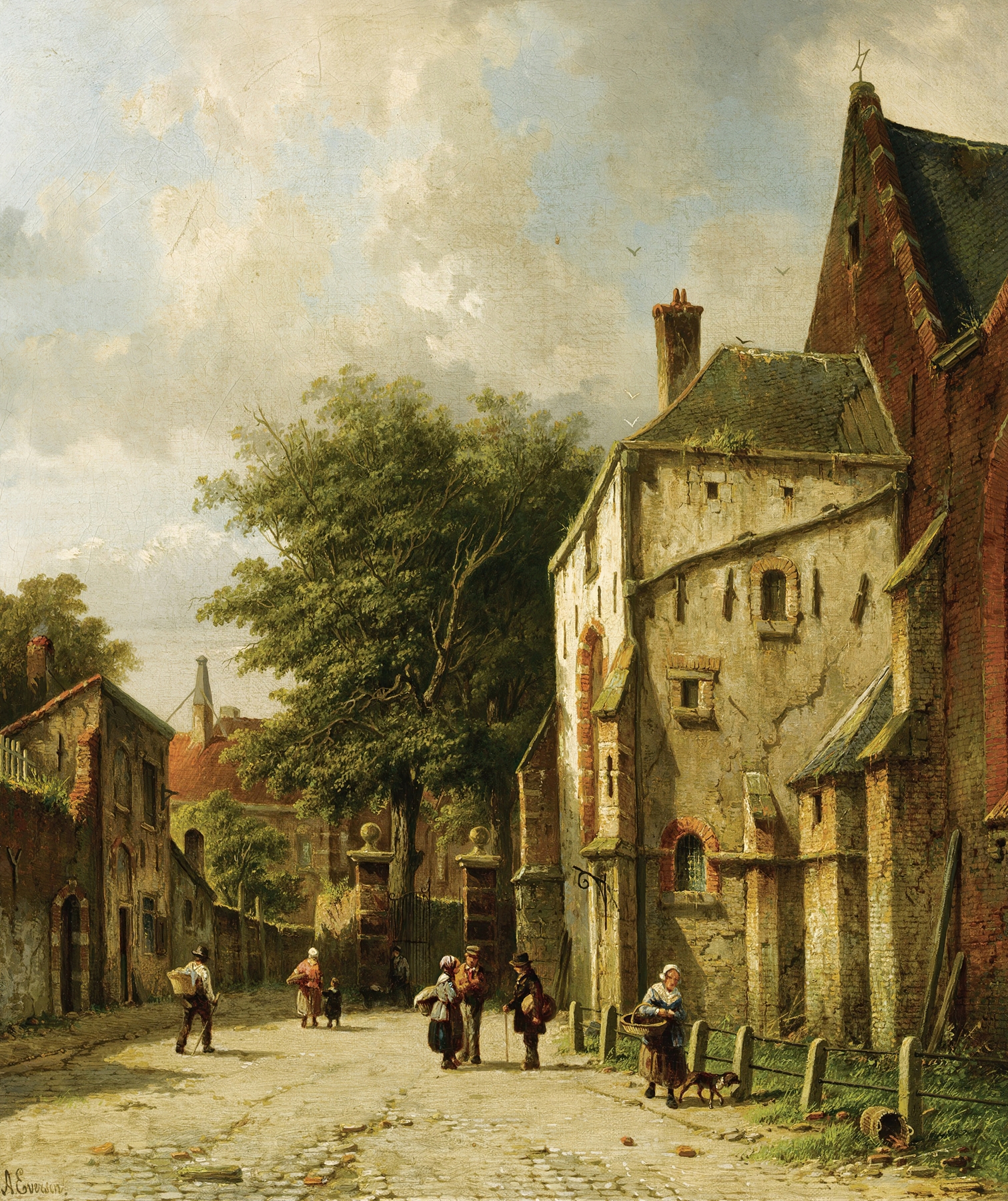 A Streetscene In A Dutch Town by Adrianus Eversen, oil on canvas depicting a lively market scene.