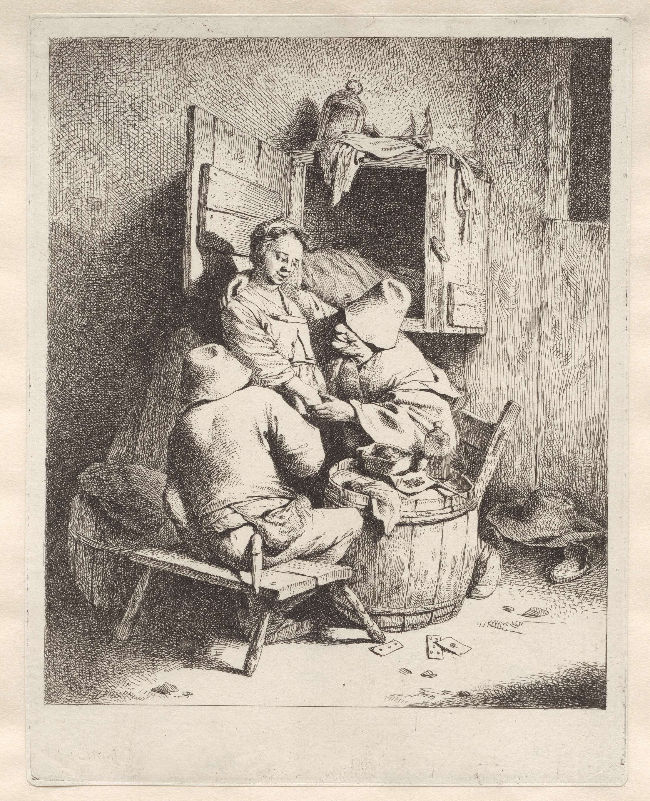 Staande vrouw vastgepakt door man, andere man kijkt toe in herberg, by Cornelis Pietersz. Bega, public domain