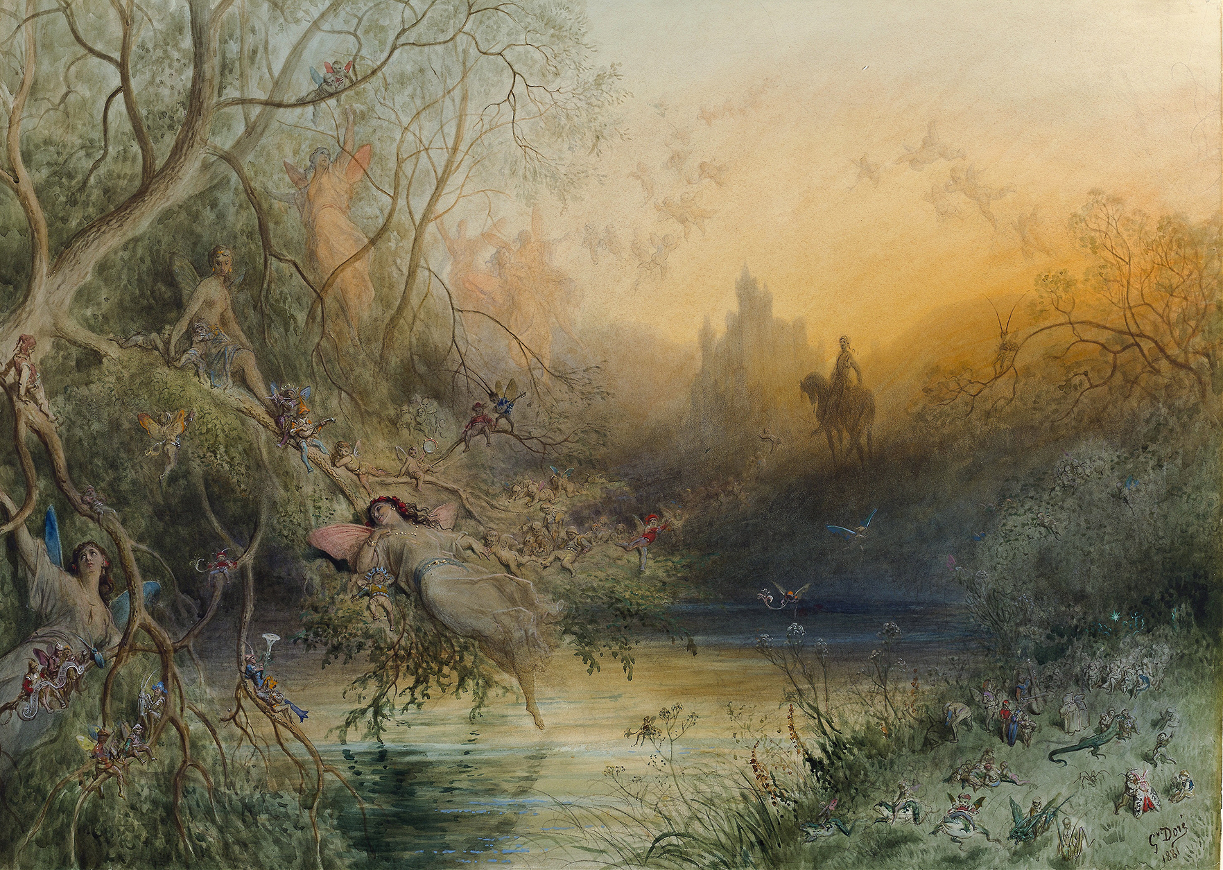 Fairy Land engraving by Gustave Doré depicting a vibrant landscape with lush foliage.