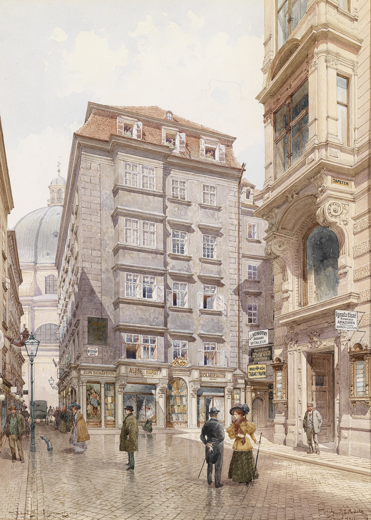 Genre scene oil painting by Richard Moser depicting urban life in Freisingergasse