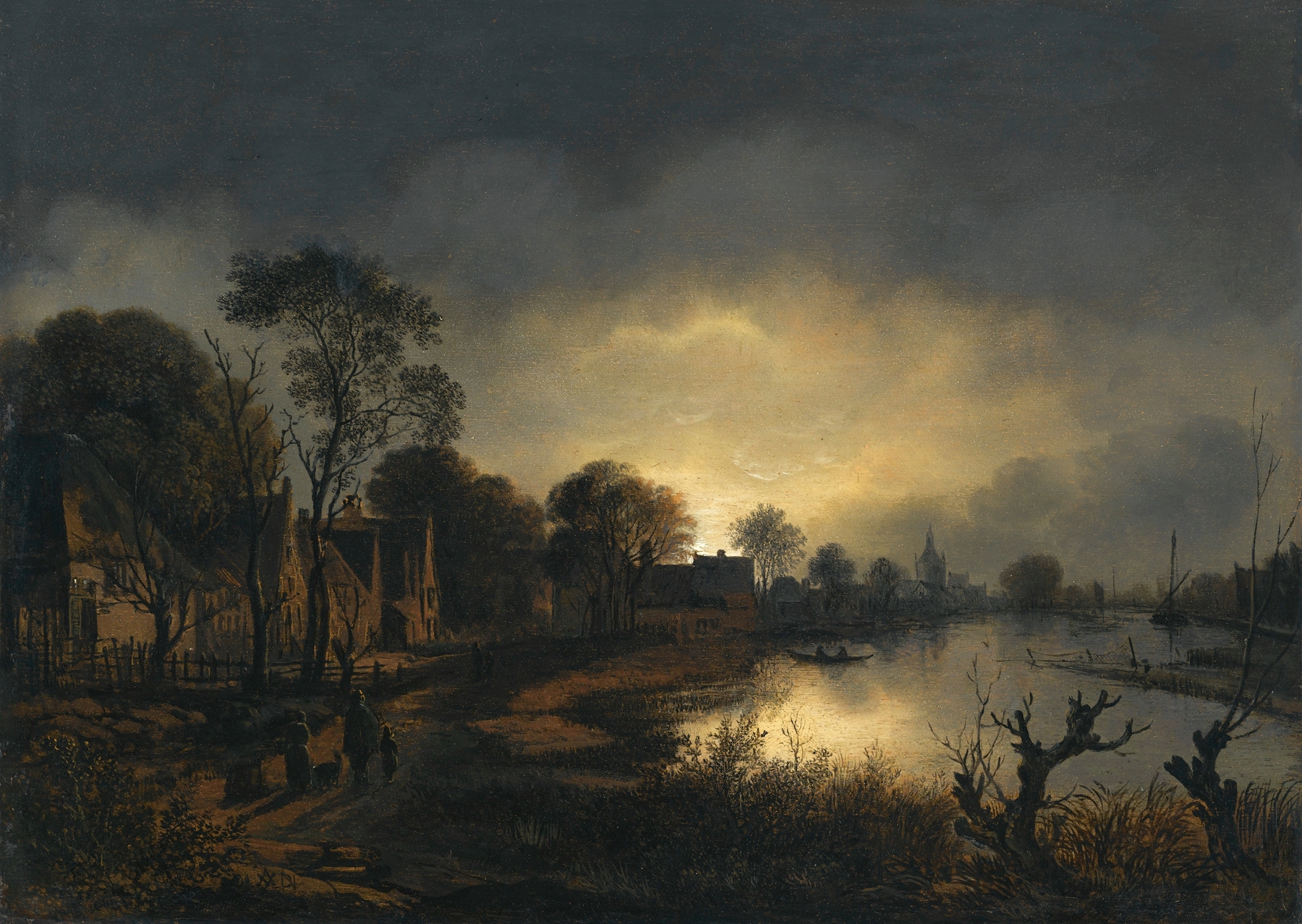 A River Landscape At Dusk With And Figures Walking Along A Path Towards A Village To The Left, A Church In The Distance, by Aert van der Neer, public domain
