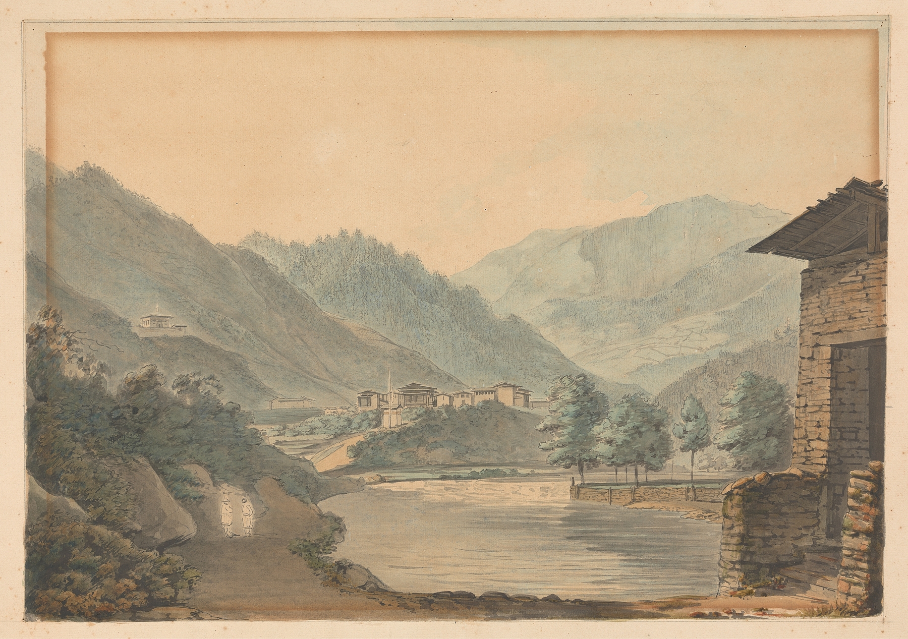 Mountainous scene with buildings and river, oil on canvas by Samuel Davis