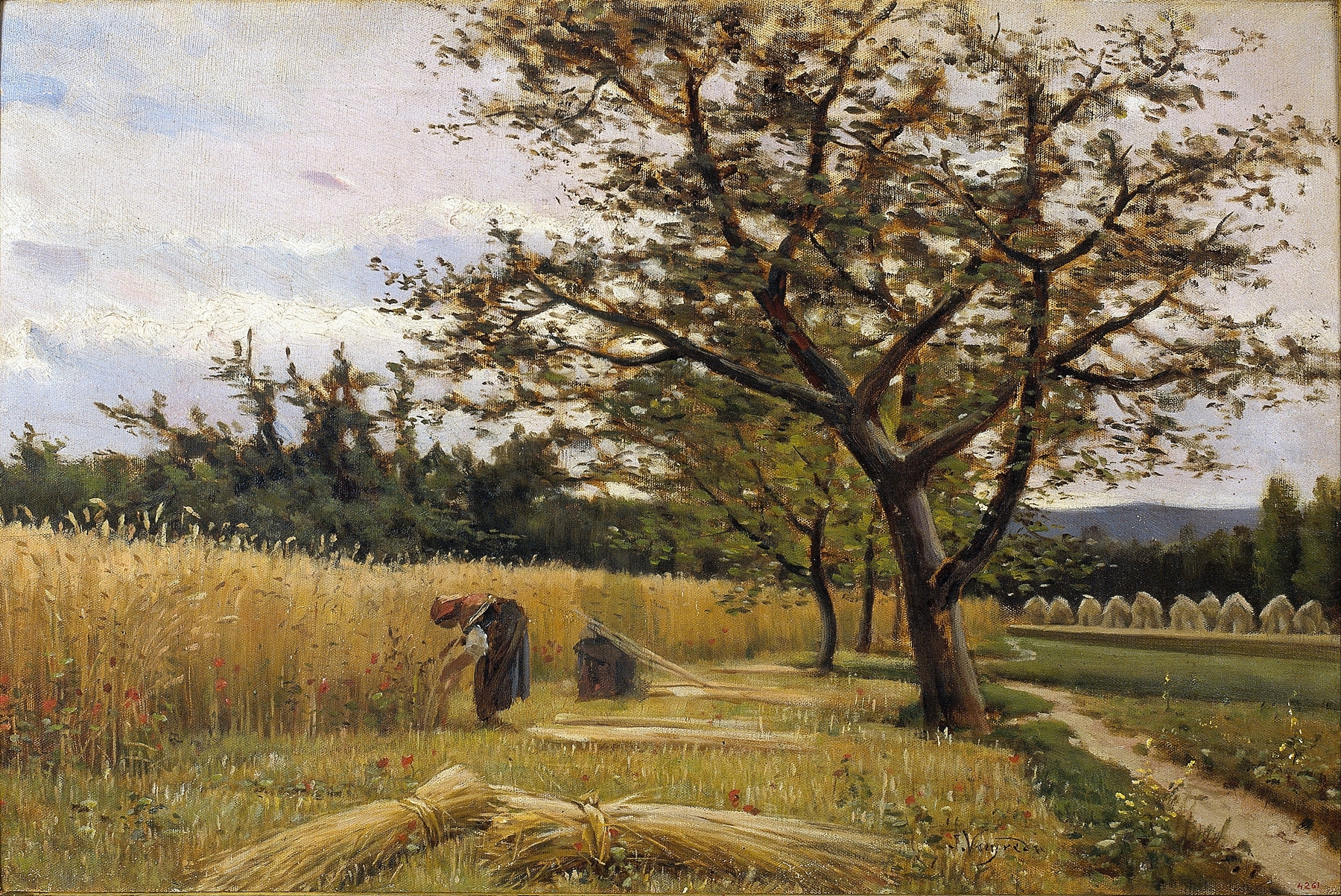 Reaping by Joaquim Vayreda, oil painting of a figure harvesting wheat in a sunset landscape.