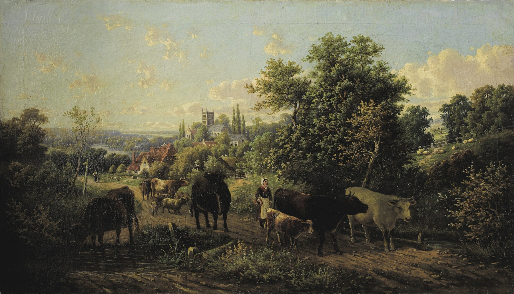 Landscape with Cattle by Josef Wenglein, oil painting depicting cattle in a lush green landscape.